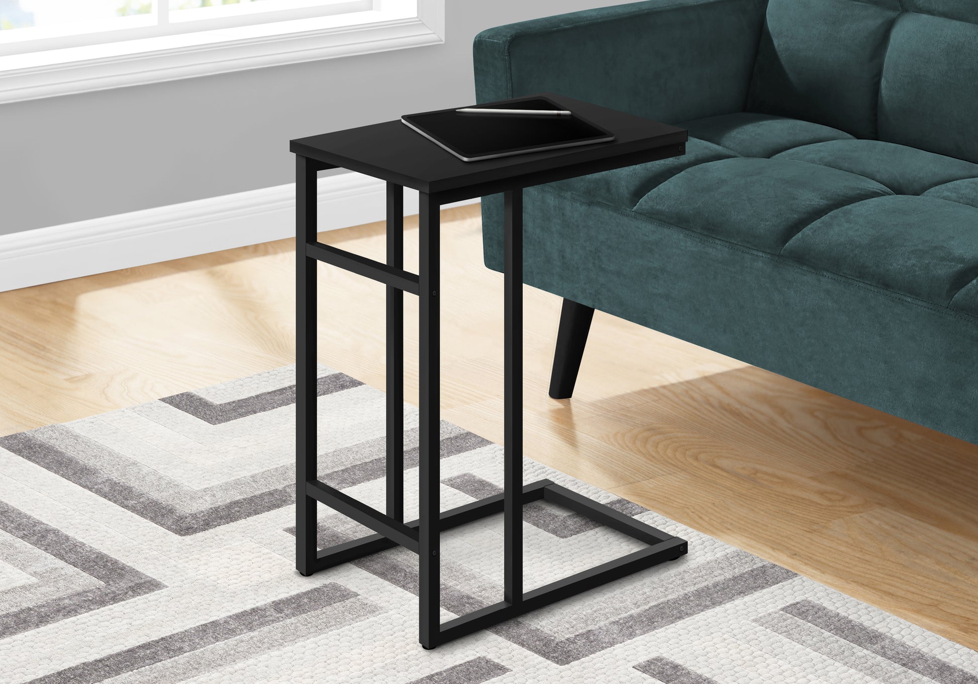 Accent Table, C Shaped, End, Side, Snack, Living Room, Bedroom, Black Laminate, Black Metal, Contemporary, Modern Black Particle Board