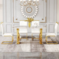 Table And Chair Set, Rock Plate Table Top, Gold Metal Table Legs, Stable And Beautiful, Suitable For Most Home Styles. Modern Simple Dining Table, Comfortable Seating. White Gold Seats 4 Sintered Stone