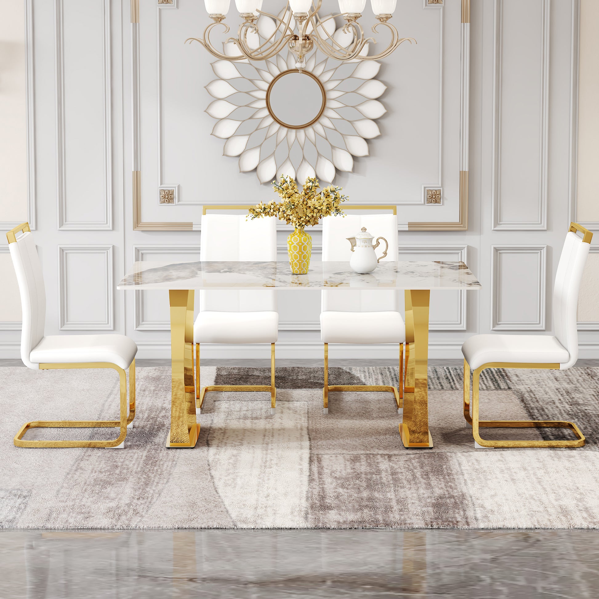 Table And Chair Set, Rock Plate Table Top, Gold Metal Table Legs, Stable And Beautiful, Suitable For Most Home Styles. Modern Simple Dining Table, Comfortable Seating. White Gold Seats 4 Sintered Stone