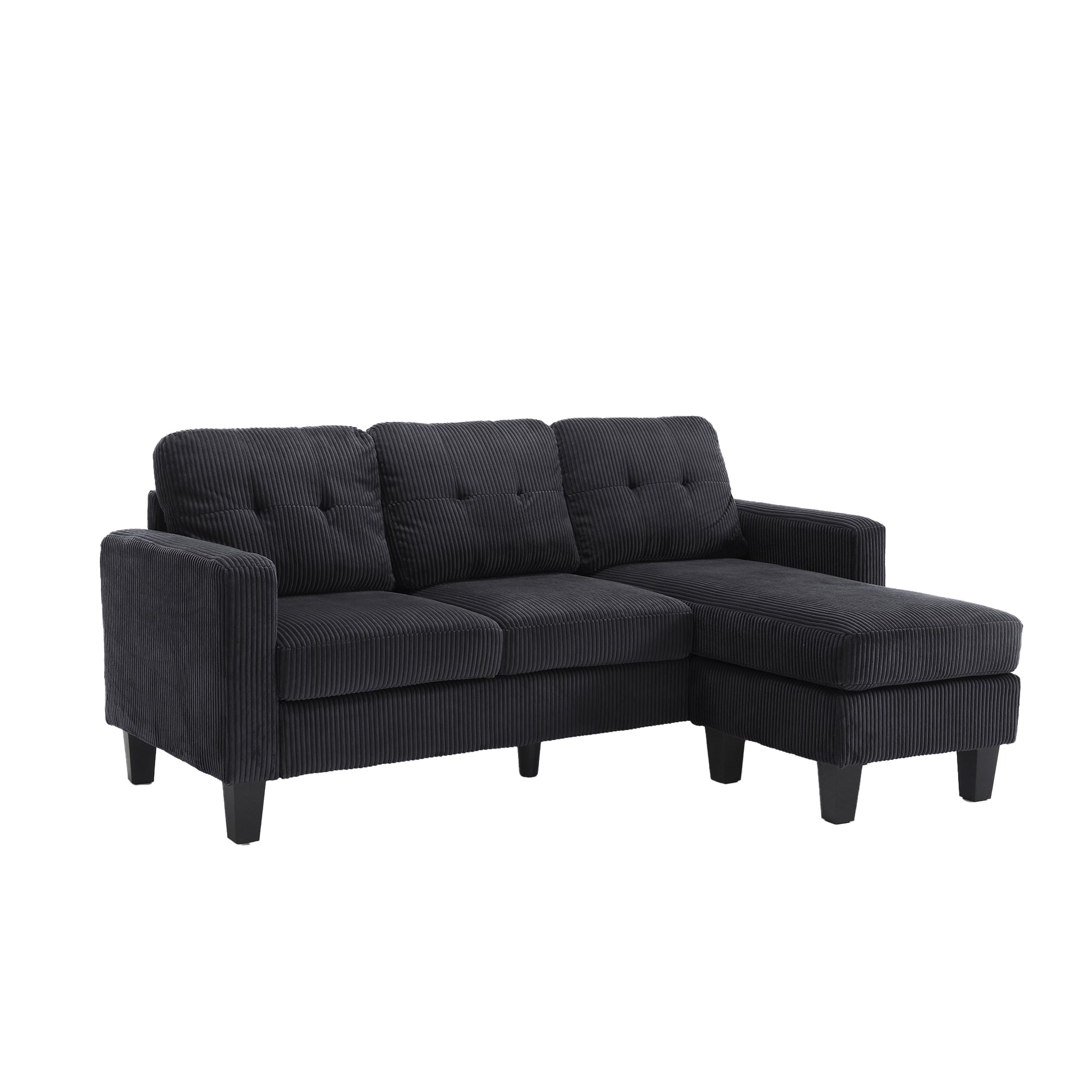 Velvet Sectional Couchl Shaped Sofa With Ottoman For Small Apartment Black Velvet 3 Seat