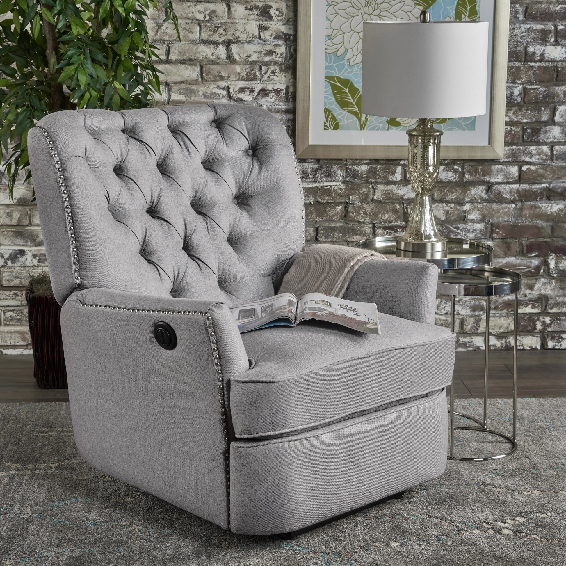 Indulge In Supreme Comfort: Electric Recliner Chair With Elegant Copper Accents And Soft Light Grey Upholstery Light Grey Fabric