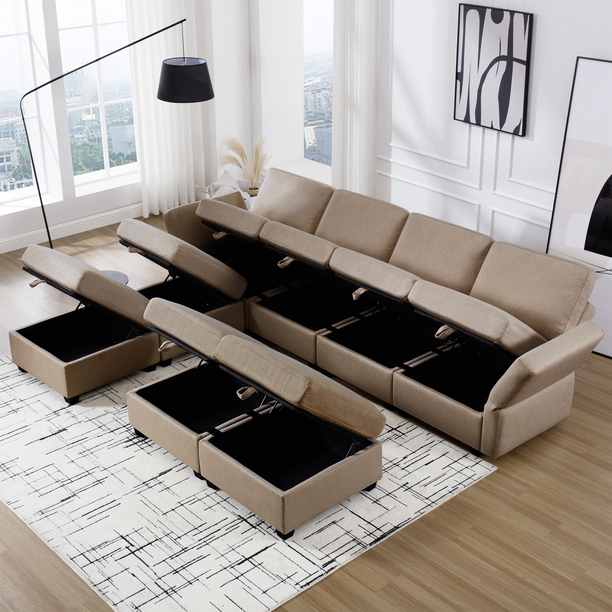 Adjustable Arms And Backs Sectional Sofa, Modern Sectional Couch U Shaped Sofa Couch With Storage Ottoman, Sofa With Convertible Chaise Brown Brown Polyester 4 Seat