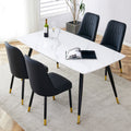 Modern Minimalist Dining Table. White Imitation Marble Pattern Sintered Stone Desktop With Black Metal Legs.Modern Dining Chair With Pu Artificial Leather Backrest Cushion And Black Metal Legs.F 001 Black Gold Sintered Stone