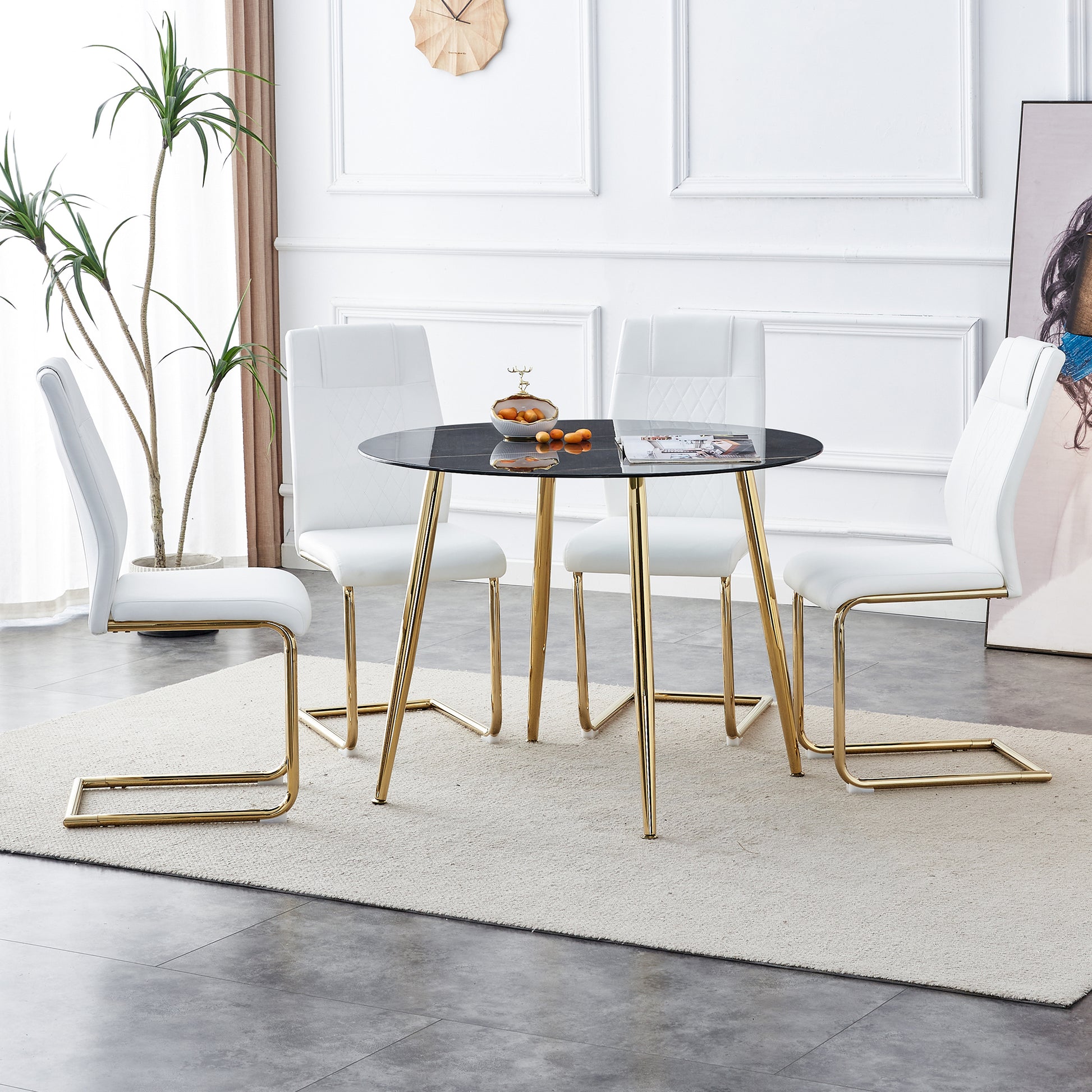 1 Table And 4 Chairs, A Modern Minimalist Circular Dining Table With A 40 Inch Black Imitation Marble Tabletop And Gold Plated Metal Legs, And 4 Modern Gold Plated Metal Leg Chairs. Black Gold Seats 4 Glass