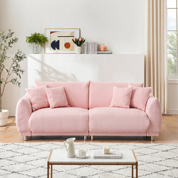 The 86.6 Inch Teddy Fleece Pink Sofa With Four Throw Pillows And Hardware Feet Can Sit Comfortably In An Apartment Bedroom Without Taking Up Space Pink Fabric 2 Seat