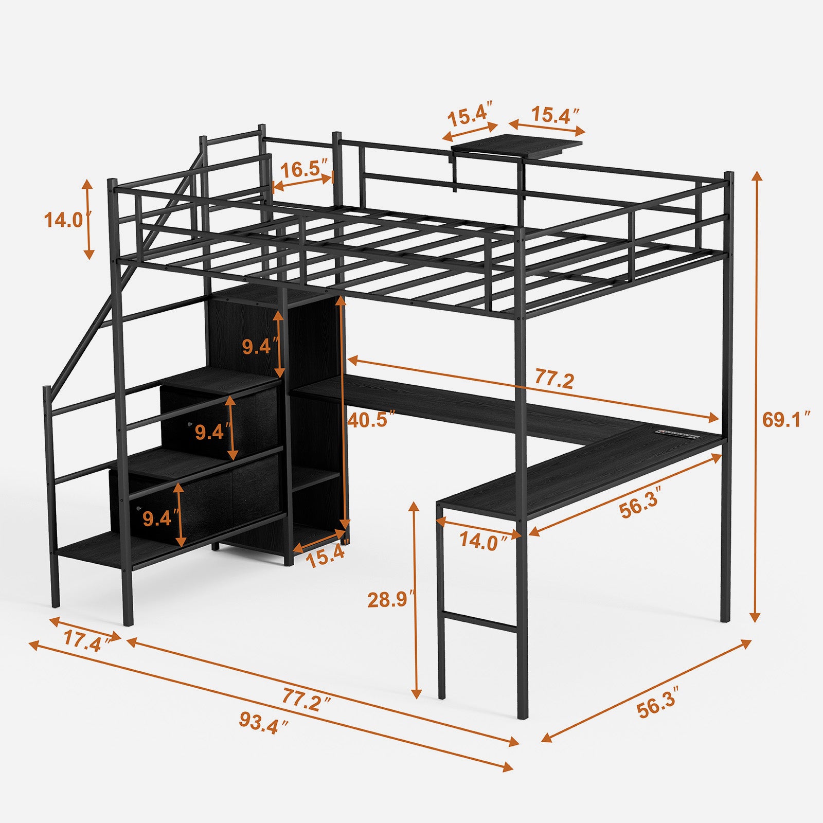 Full Size Metal Loft Bed With L Shaped Desk, Led Lights, Charging Cradle, Led Loft Bed Frame, Full Size Bed With One Cabinet Wardrobe And 2 Fabric Drawers, Safety Rails And Ladder, Black Black