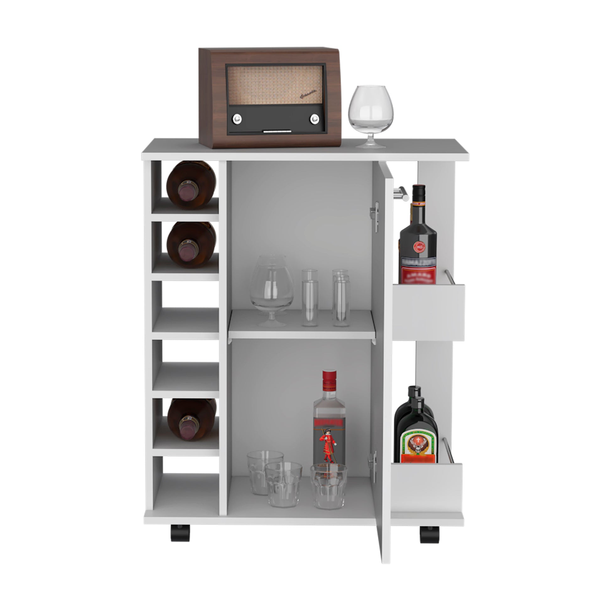 Lothian Bar Cart With Casters, 2 Side Storage Shelves And 6 Wine Bottle Rack White Primary Living Space Modern Particle Board Engineered Wood