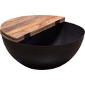 28 Inch Storage Coffee Table, Round Drum Silhouette, Brown Wood, Black Base Black Brown Wood