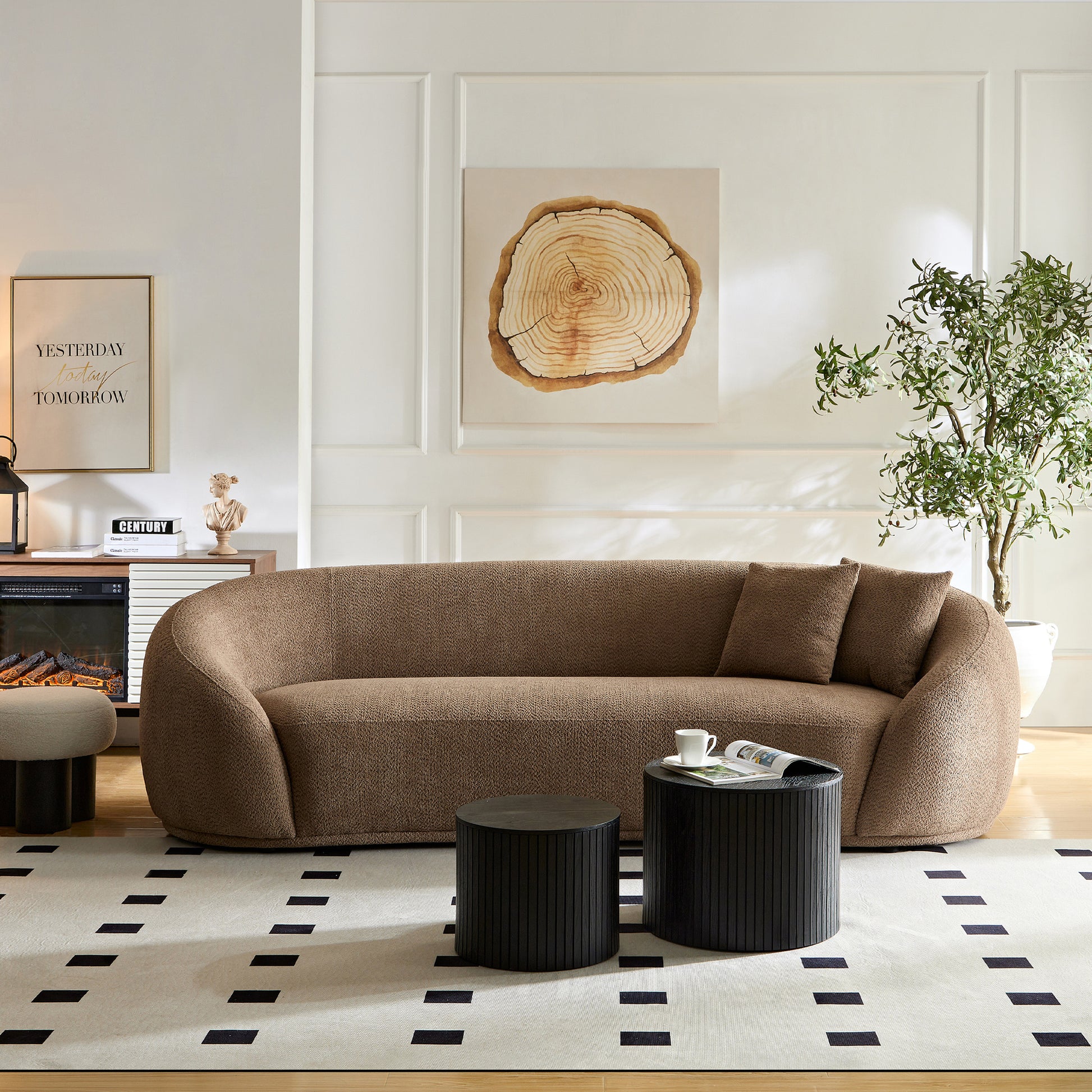 Wks1C Three Person Sofa Modern Combination Half Moon Casual Teddy Bear Wool Sofa Curved Sofa, Camel Color Camel Fabric 3 Seat