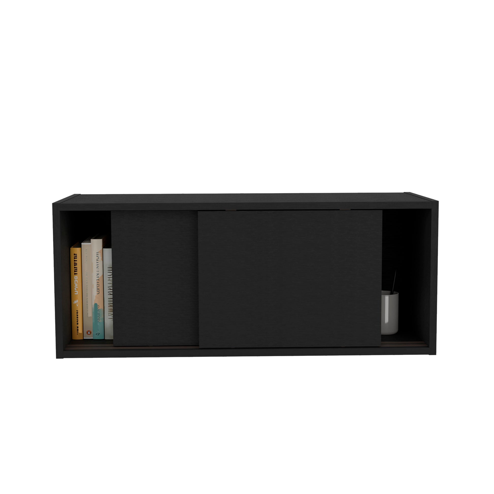 Note 32"W X 13" H Wall Cabinet With Sliding Doorswall Shelf, Storage Cabinet, Bedroom, Office, Living Room, Garage Black Office Wall Mounted Modern Particle Board