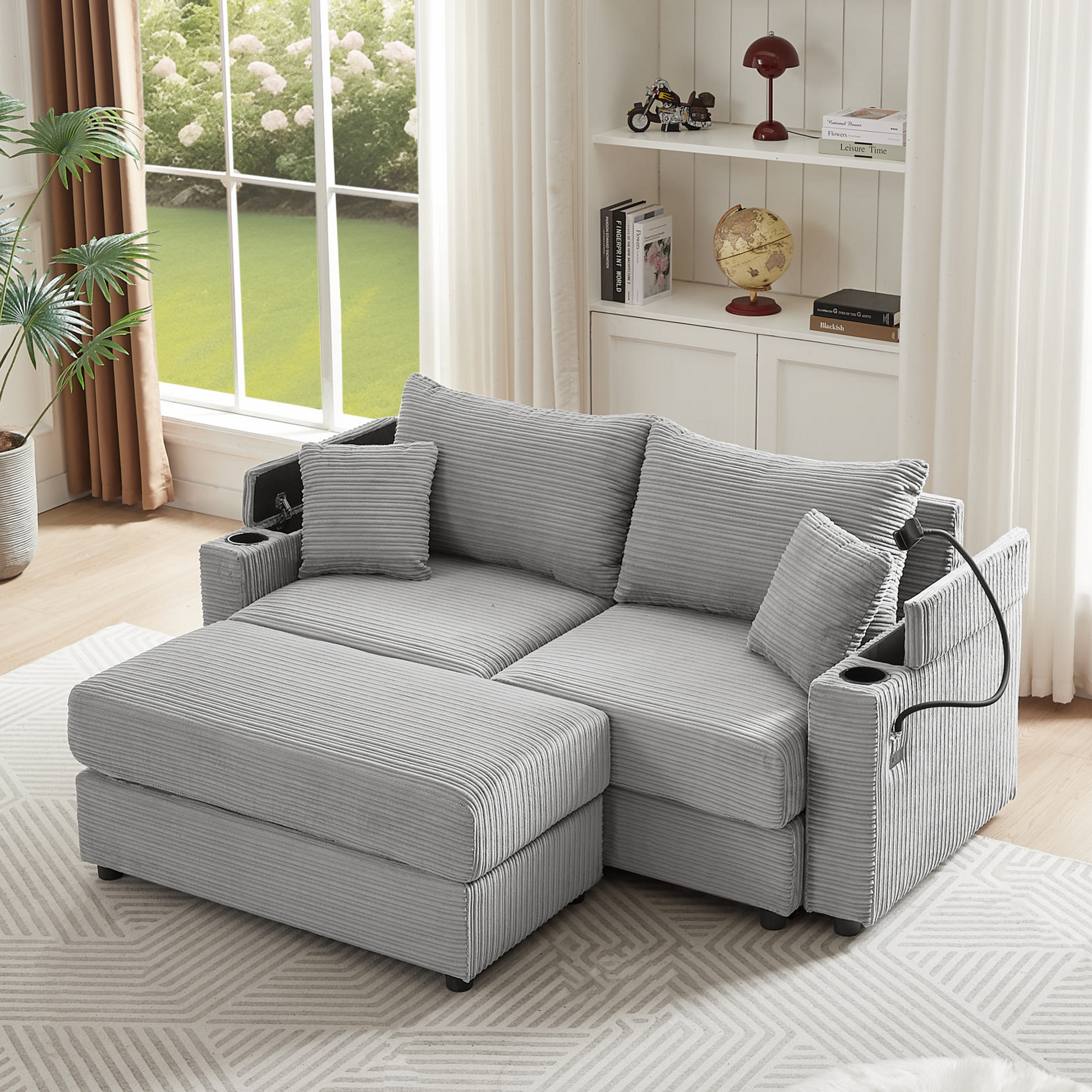 72.8" Modern Style Loveseat Sofa Sectional Sofa Couch With Storage Space, A Movable Ottoman, Two Usb Ports, Two Cup Holders, A Phone Holder For Living Room, Gray Gray Foam Corduroy 3 Seat