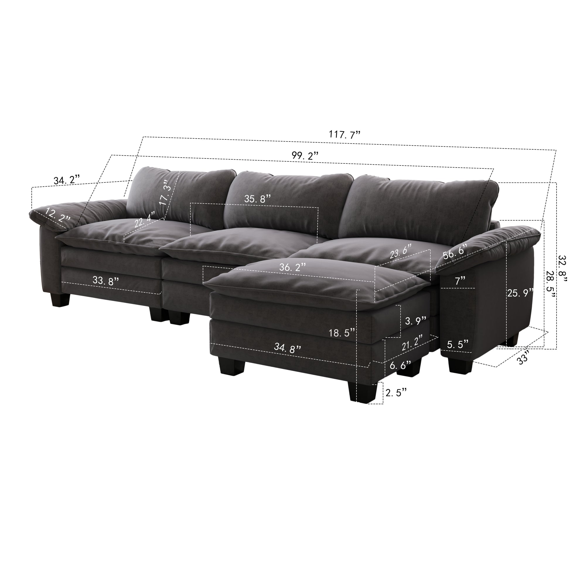 Living Room Furniture Luxury Sectional Sofa Couch With Ottoman Soft Velvet Upholstered Sofa Grey Grey Foam Velvet 3 Seat