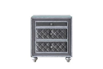 1Pc Glam 3 Drawer Nightstand Velvet Tufted Drawer Front Jewelry Tray Faux Crystal Drawer Knobs Gray 3 Drawers Bedroom Bedside Cabinet Glam Glass Top Wood