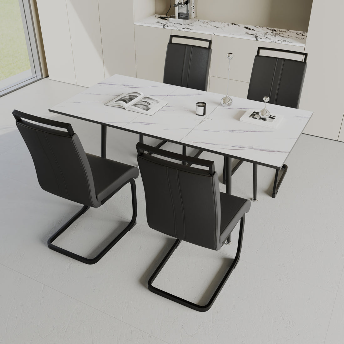 An Expandable Dining Table Set For 2 6 People, Equipped With A C Shaped Tubular Cushioned Armless Dining Chair And An Elegant And Spacious Dining Table Kitchen Table And Chair Set, With Metal Legs Black White Mdf