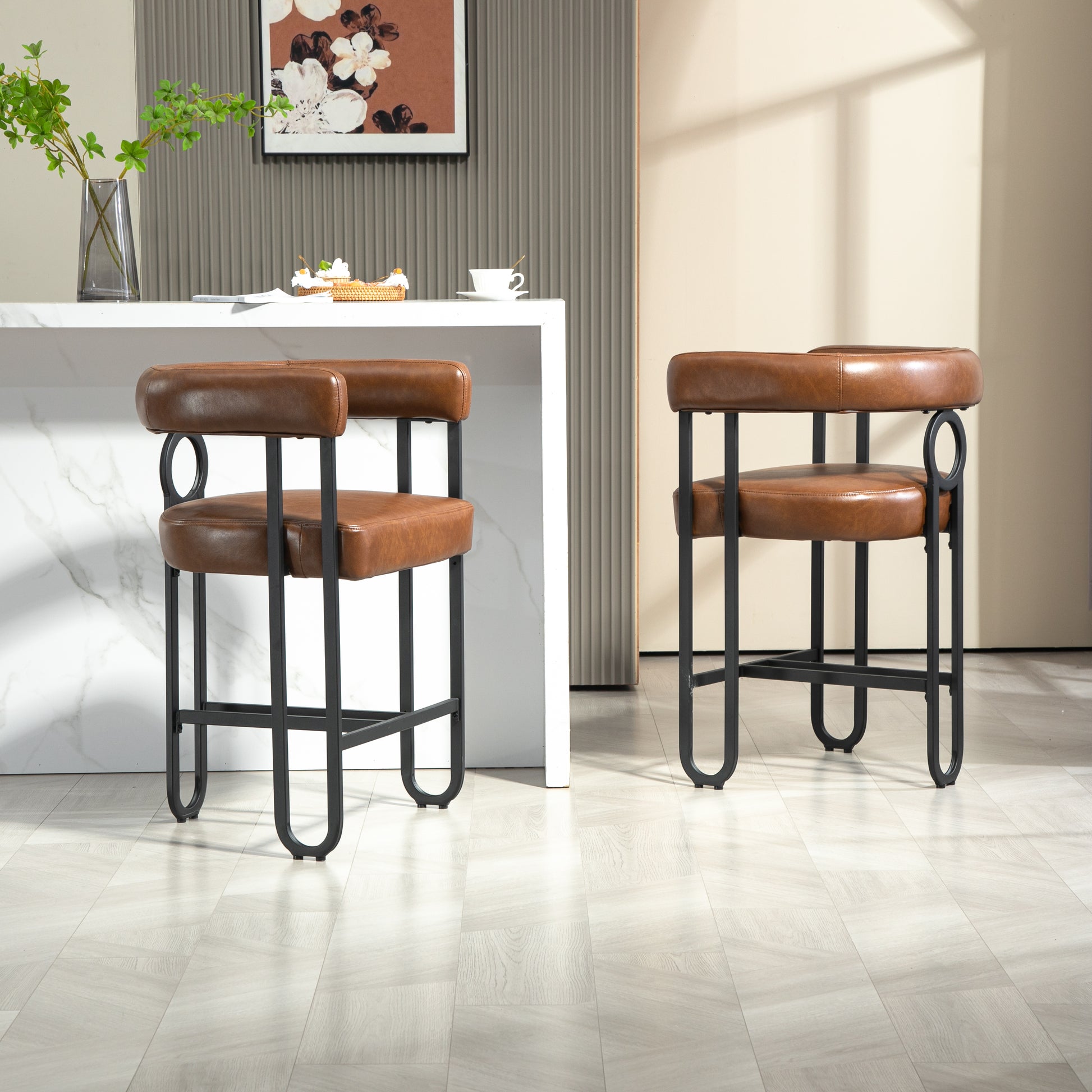 Coolmore Bar Stools Set Of 2, Modern Bar Stool With Back, Black Metal Frames, Upholstered Bar Stools For Kitchen Island, Pub, Club Light Brown Pu Light Brown Dining Room Foam Pu Leather