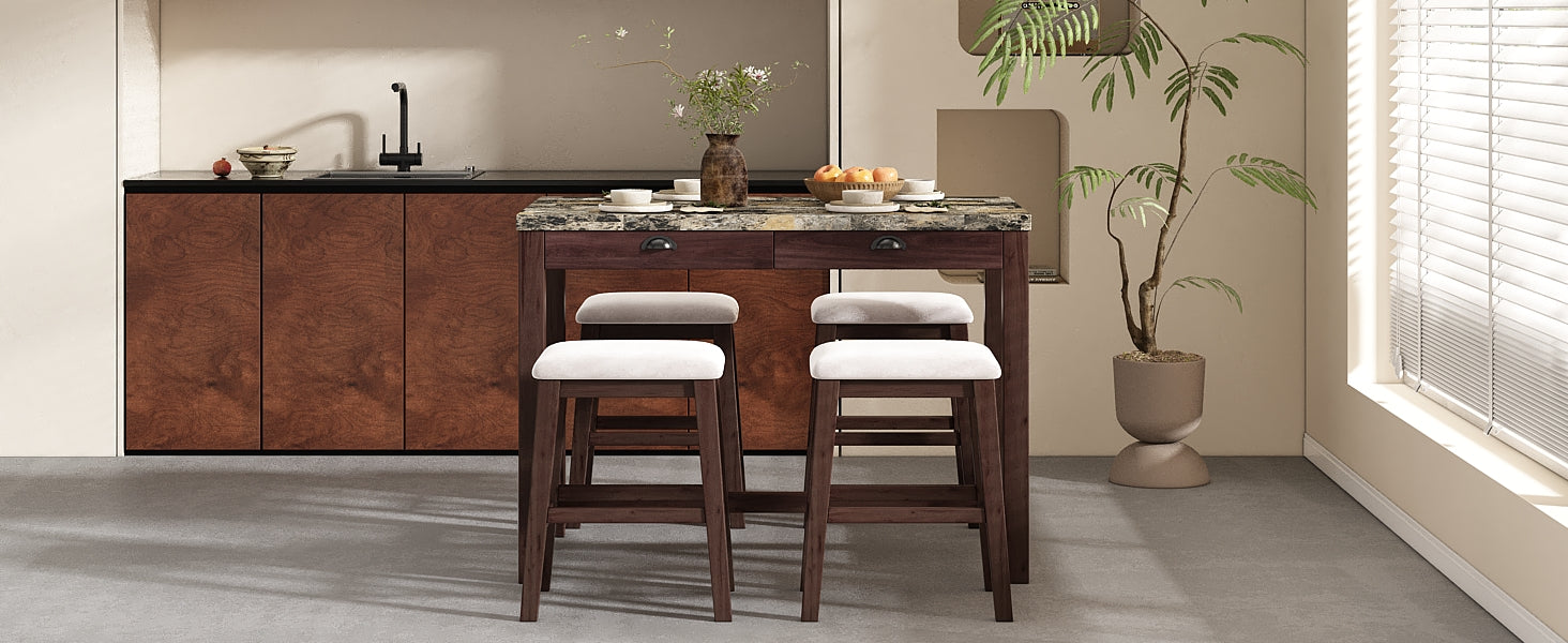 3 Piece Modern Faux Marble Versatile Bar Table Set With Storage Drawers And Padded Stools, Ideal For Space Saving Dining Nooks Or Small Kitchens Walnut Walnut Solid Wood Mdf