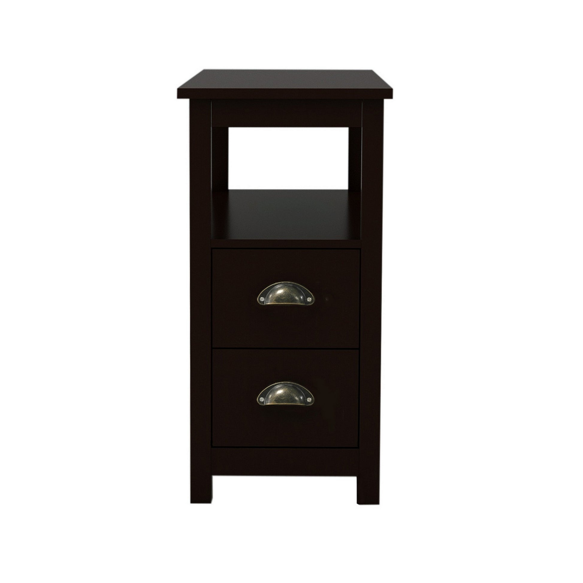 24 Inch Wood Nightstand With 2 Drawers, 1 Shelf, Metal Cup Handles, Brown Brown Mdf Metal