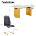 Table And Chair Set.Large Modern Rectangular Table With 0.4 Inch Patterned Glass Tabletop And Large Mdf Table Legs.Comes With 8 Chairs With Faux Leather Cushioned Seats And Golden Metal Legs. Gold White Seats 8 Mdf Glass