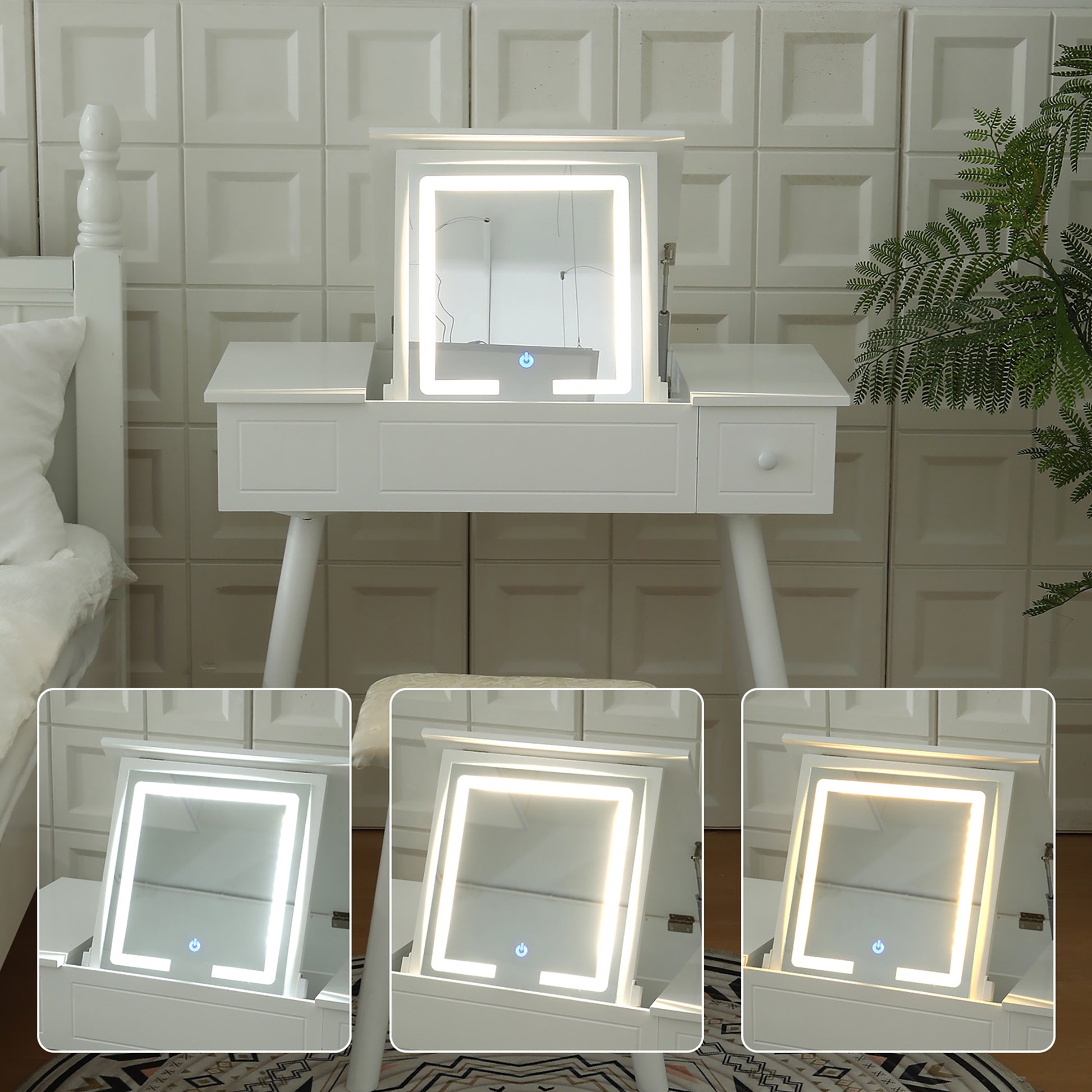 Vanity Desk Set With Led Lighted Mirror & Power Outlet, Flip Top Vanity Table With Drawers & Cabinet, For Bedroom, Bathroom Milk White Wood