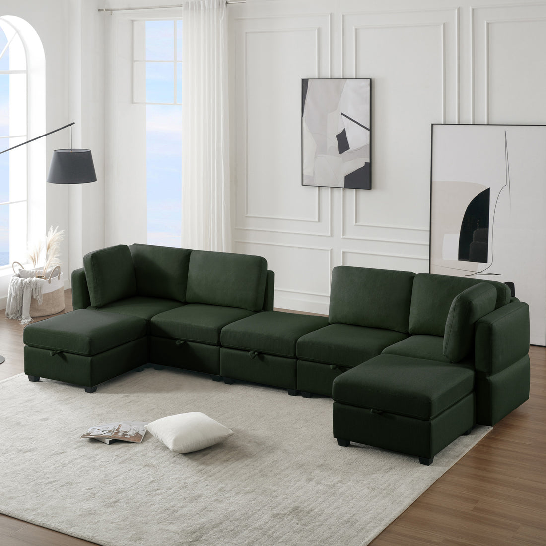 Modular Sectional Sofa U Shaped Sectional Couch With Ottoman, 7 Seat Modular Sofa With Chaise For Living Room, Adjustable Arms And Backs Green Green Polyester 4 Seat