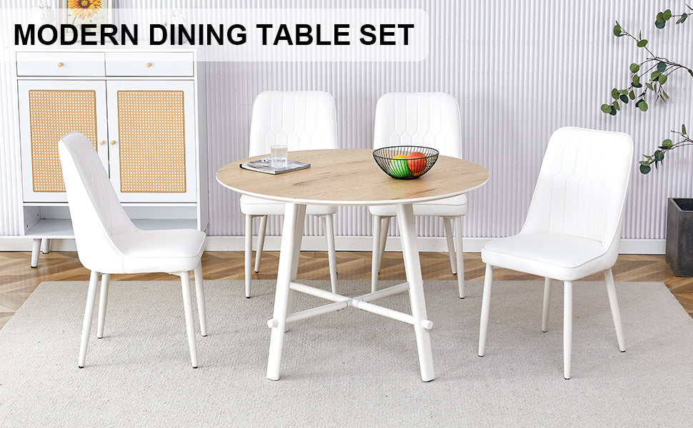 Table And Chair Set, Mdf Desktop, White Metal Table Legs, Stable And Beautiful, Suitable For Most Styles Of Home. Modern Simple Dining Table, Comfortable Seating. White Seats 4 Mdf