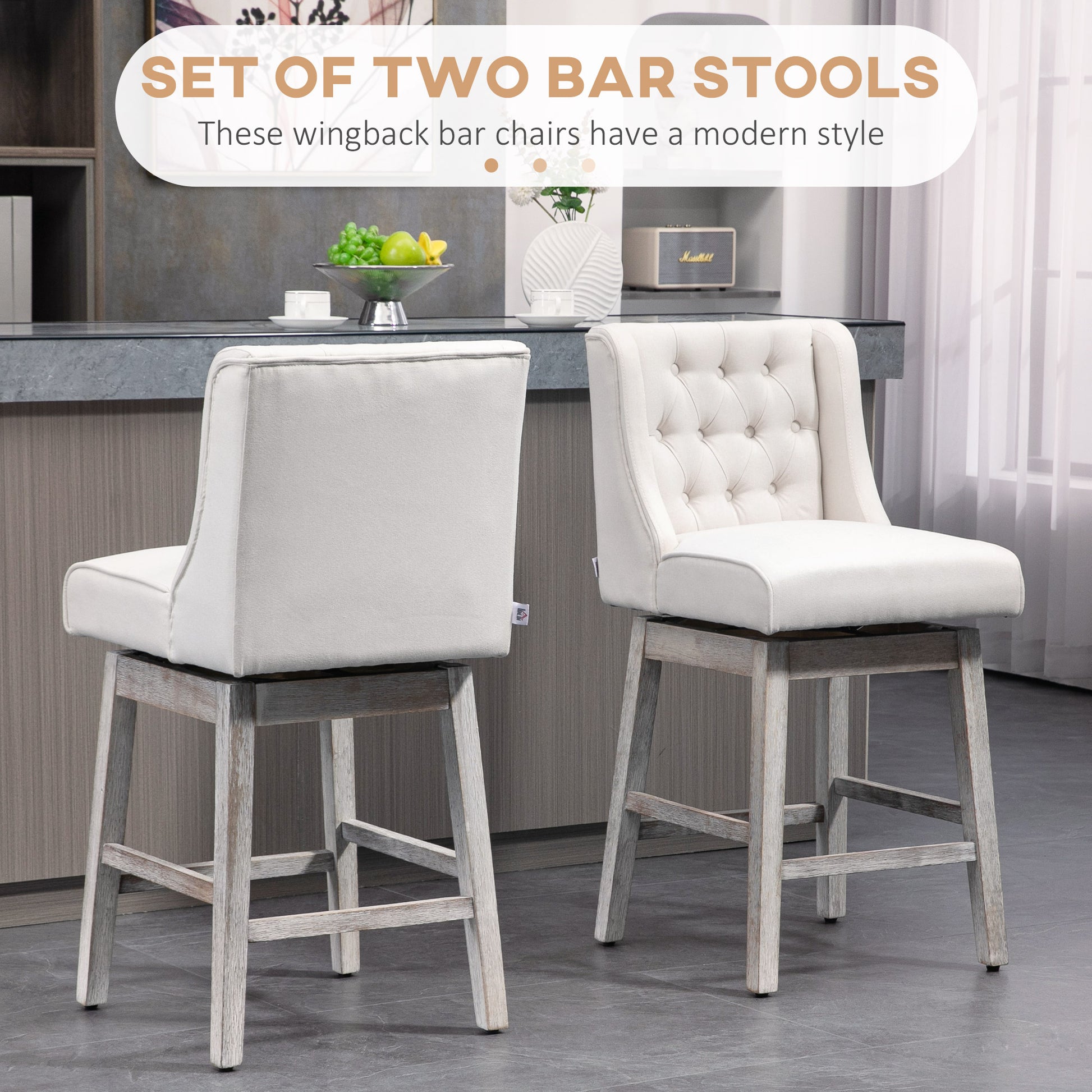 Homcom Counter Height Bar Stools Set Of 2, 180 Degree Swivel Barstools, 27" Seat Height Bar Chairs With Solid Wood Footrests And Button Tufted Design, Beige Beige Rubber Wood