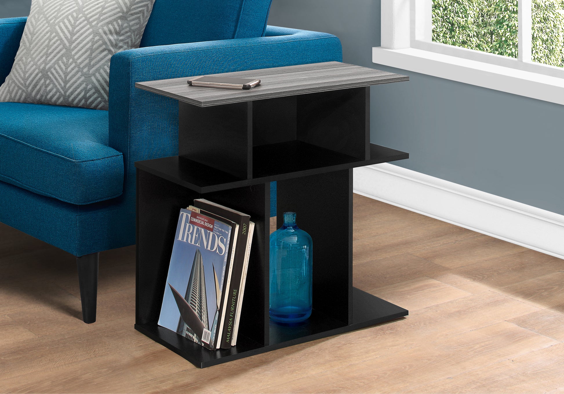 Accent Table, Side, End, Nightstand, Lamp, Living Room, Bedroom, Black And Grey Laminate, Contemporary, Modern Black Particle Board