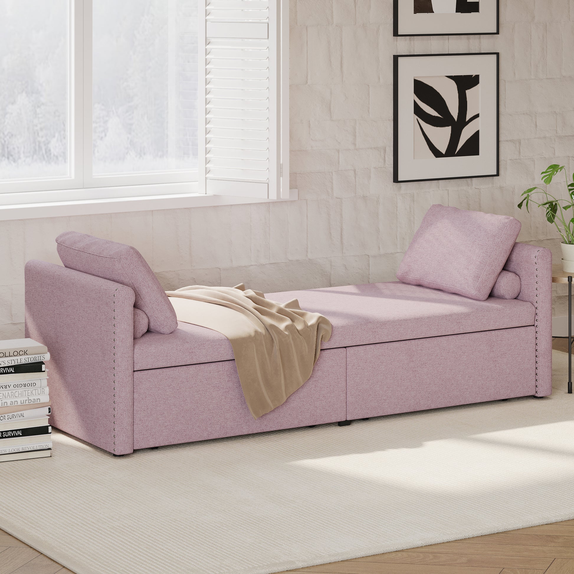 Modern Upholstered Chaise Lounger Daybed Small Single Daybed With 2 Drawers, No Mattress Needed, Perfect For Living Rooms & Home Office, Linen Fabric, Pink Pink Linen