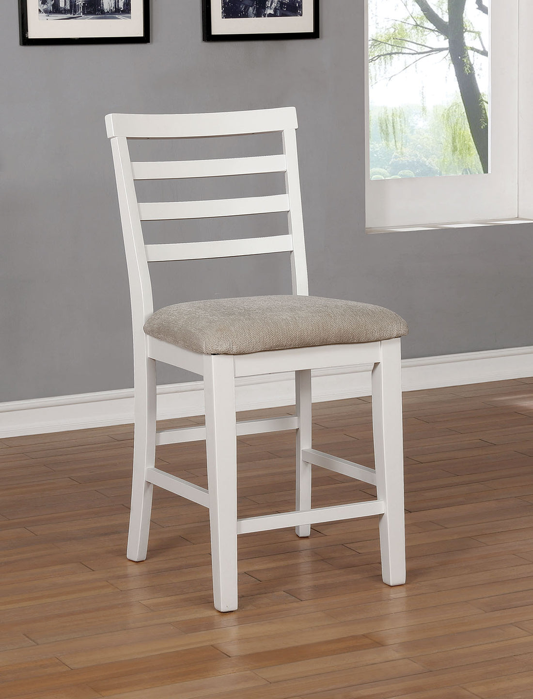 White Color Solid Wood Set Of 2Pcs Counter Height Chairs Dining Room Furniture Ladder Back Light Taupe Padded Fabric Seat Cushions Chairs White White Dining Room Contemporary,Rustic,Transitional Dining Chairs Rubberwood Ladder Back Set Of 2 Solid Wood