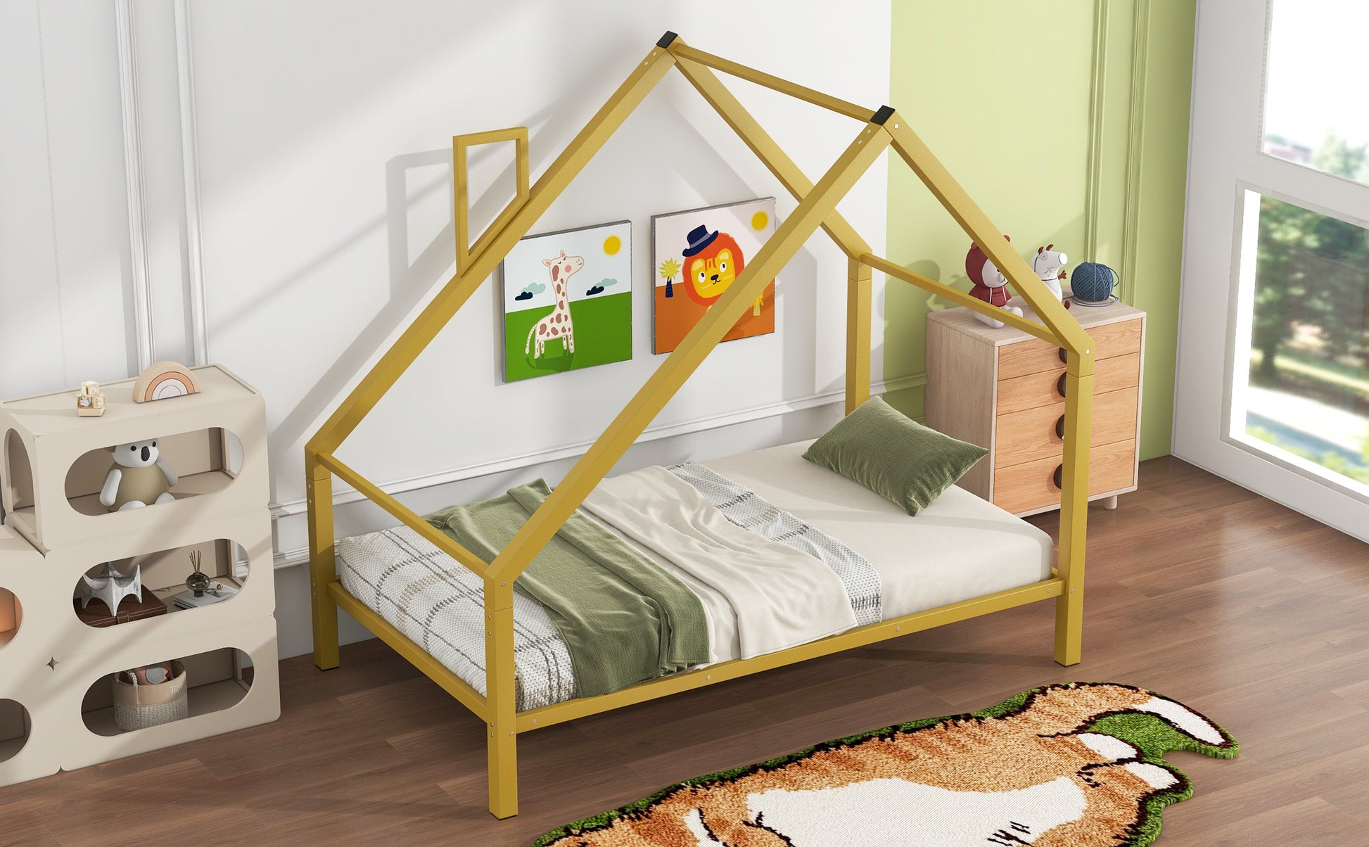 Twin Size Metal House Platform Bed With Roof And Chimney, Gold Box Spring Not Required Twin Gold Metal Bedroom Bed Frame Metal