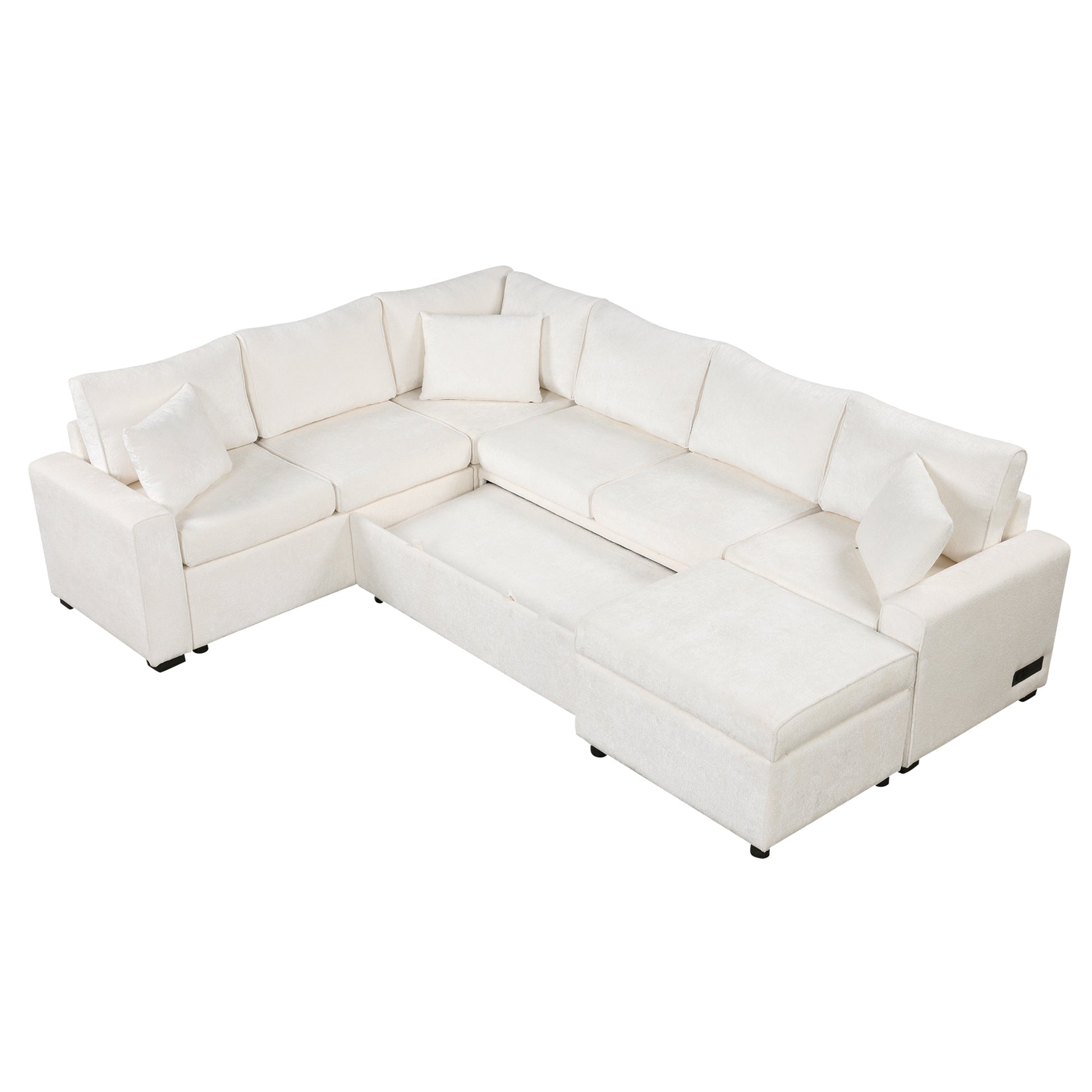 112.2" Sectional Sofa Pull Out Sofa Bed Sleeper With A Storage Ottoman,Three Pillows And Charging Devices For Living Room, Cream Cream Foam Chenille 6 Seat