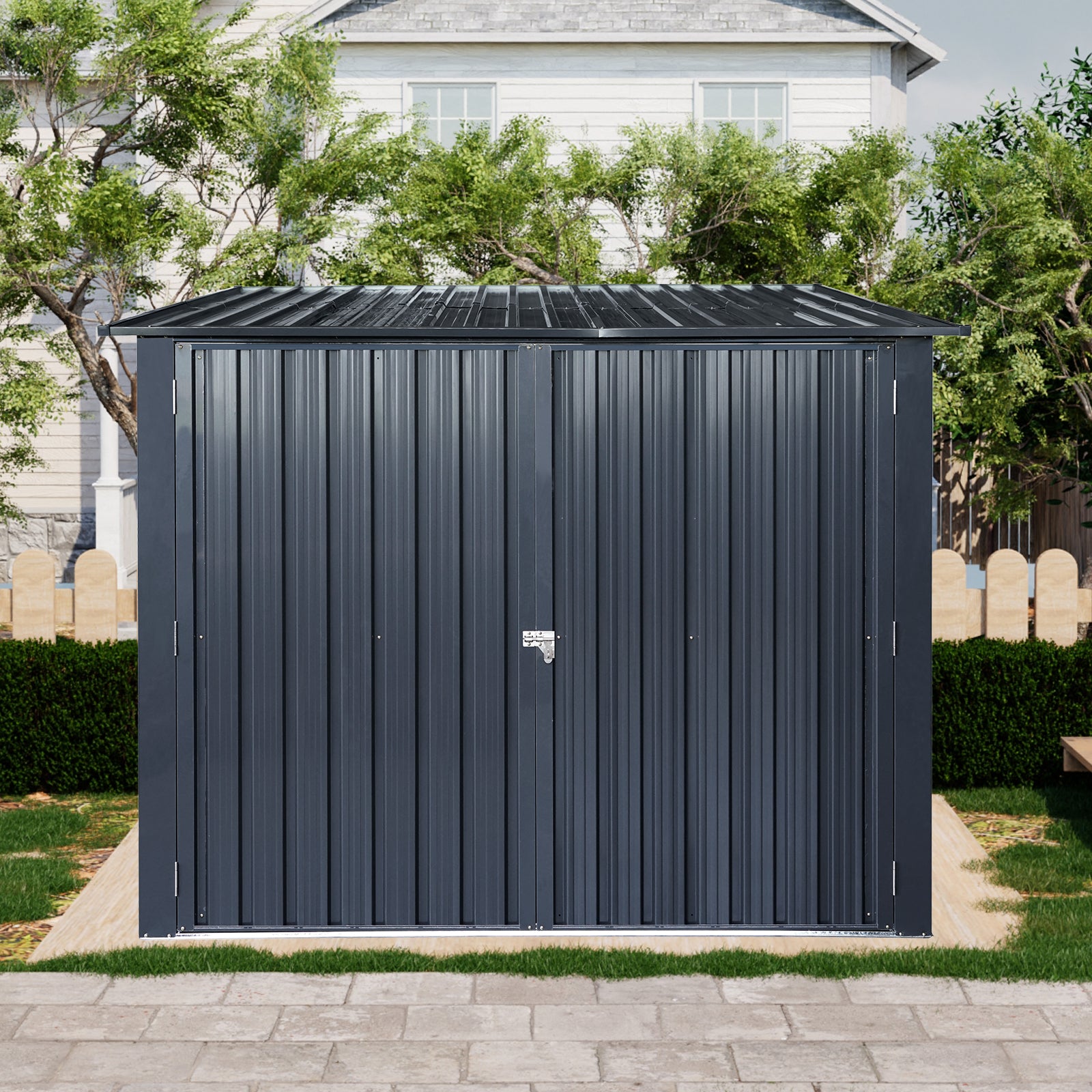 Outdoor Steel Storage Shed For Bicycle With Slope Roof And 4 Bike Tracks, Black Black Metal