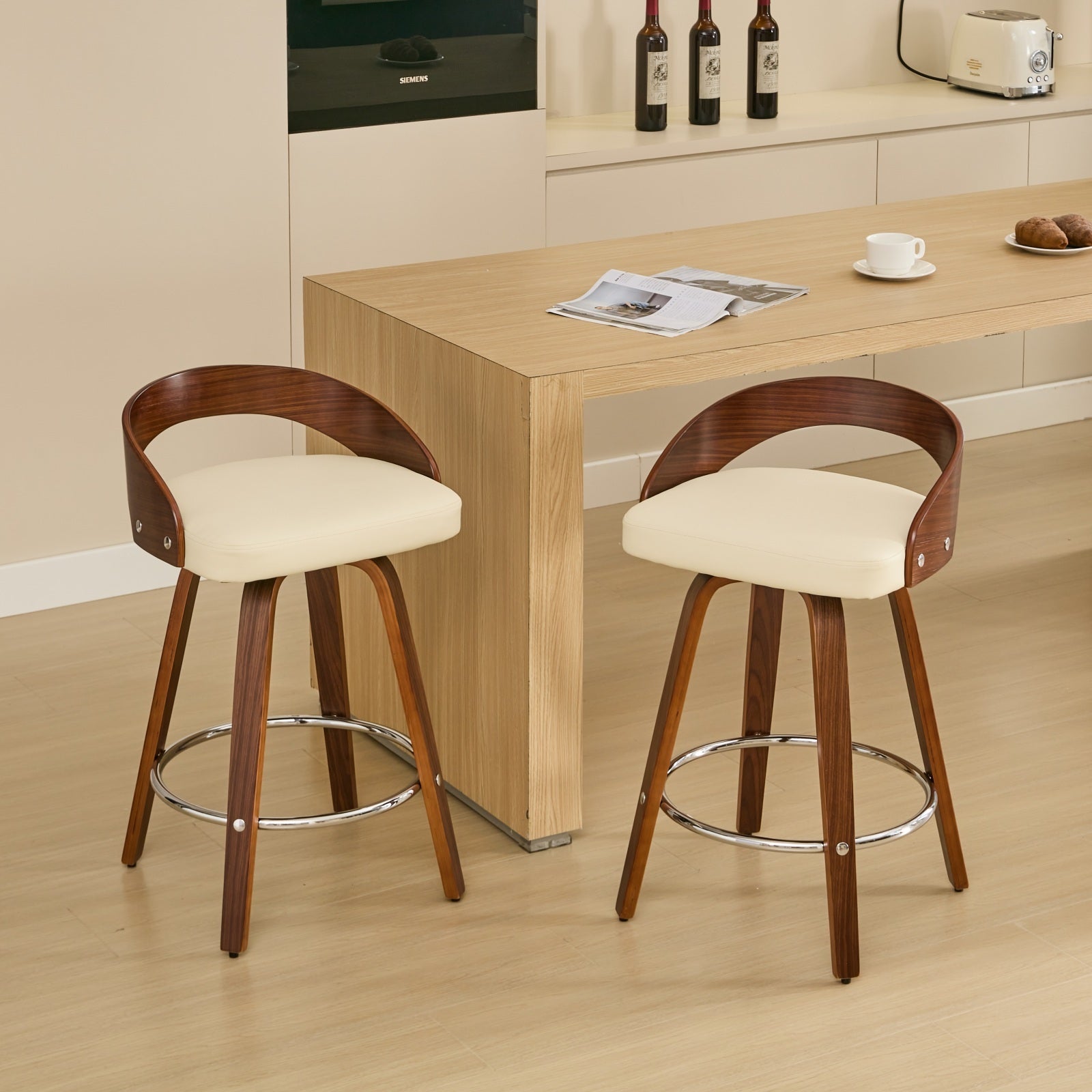 Bar Stools Set Of 2, Swivel Bar Height Stools With Low Back, Wood Bar Chairs With Soft Cushion Seat, 25 Inch Seat Height Beige, 25" Counter Height Beige Dining Room American Design,Classic Set Of 2 Foam Pu Leather