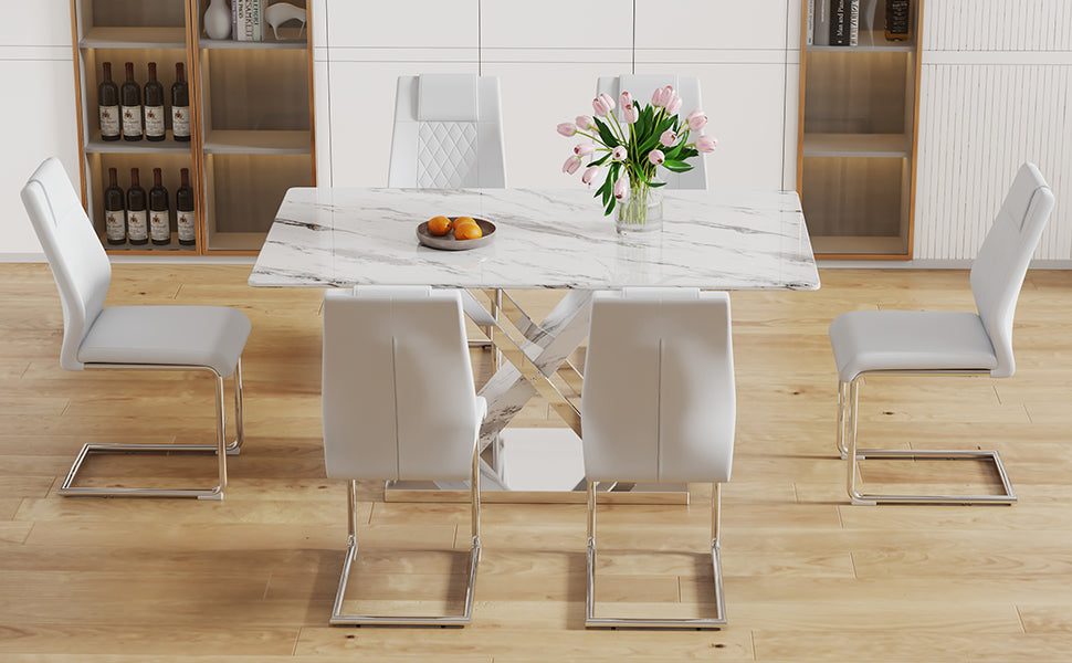 Table And Chair Set, Modern Dining Table, Imitation Marble White Top And Silver Legs, Soft And Comfortable Dining Chair, Perfect For Dinner, Meetings, Home And Office Decor White Silver Glass Metal