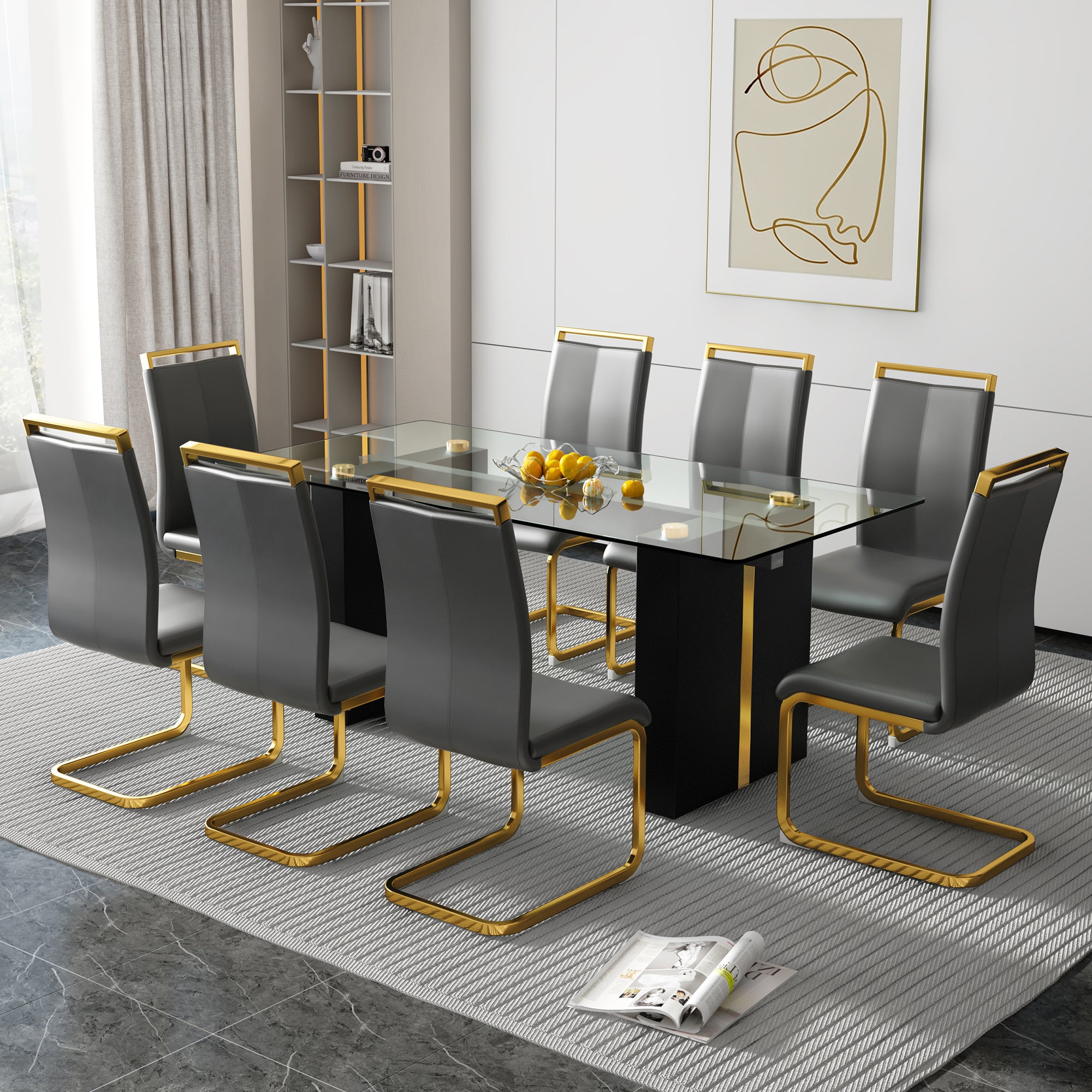 Table And Chair Set, Large Modern Minimalist Rectangular Glass Table, Can Accommodate 6 8 People, Equipped With Tempered Glass Tabletop And Large Mdf Table Legs, Comfortable And Minimalist Chairs. Transparent Mdf Glass