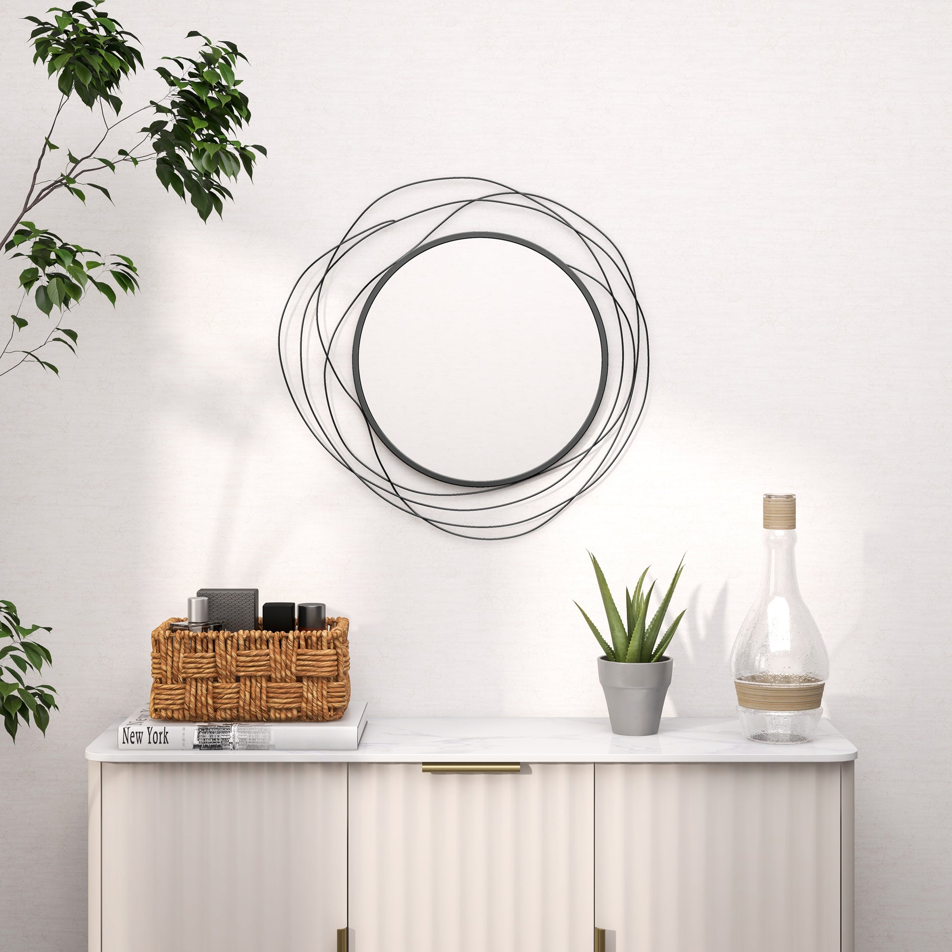 Homcom Metal Wall Art Modern Mirror Decor Home Hanging Wall Sculptures For Living Room Bedroom Dining Room, Black Black Mdf Glass