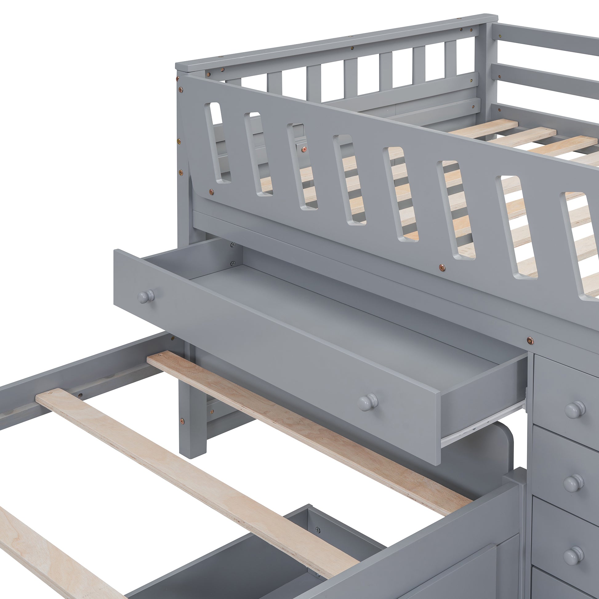 L Shaped Space Saving Twin Loft And Twin Platform Bed With 7 Drawers And Full Guardrails Gray Twin Gray Solid Wood