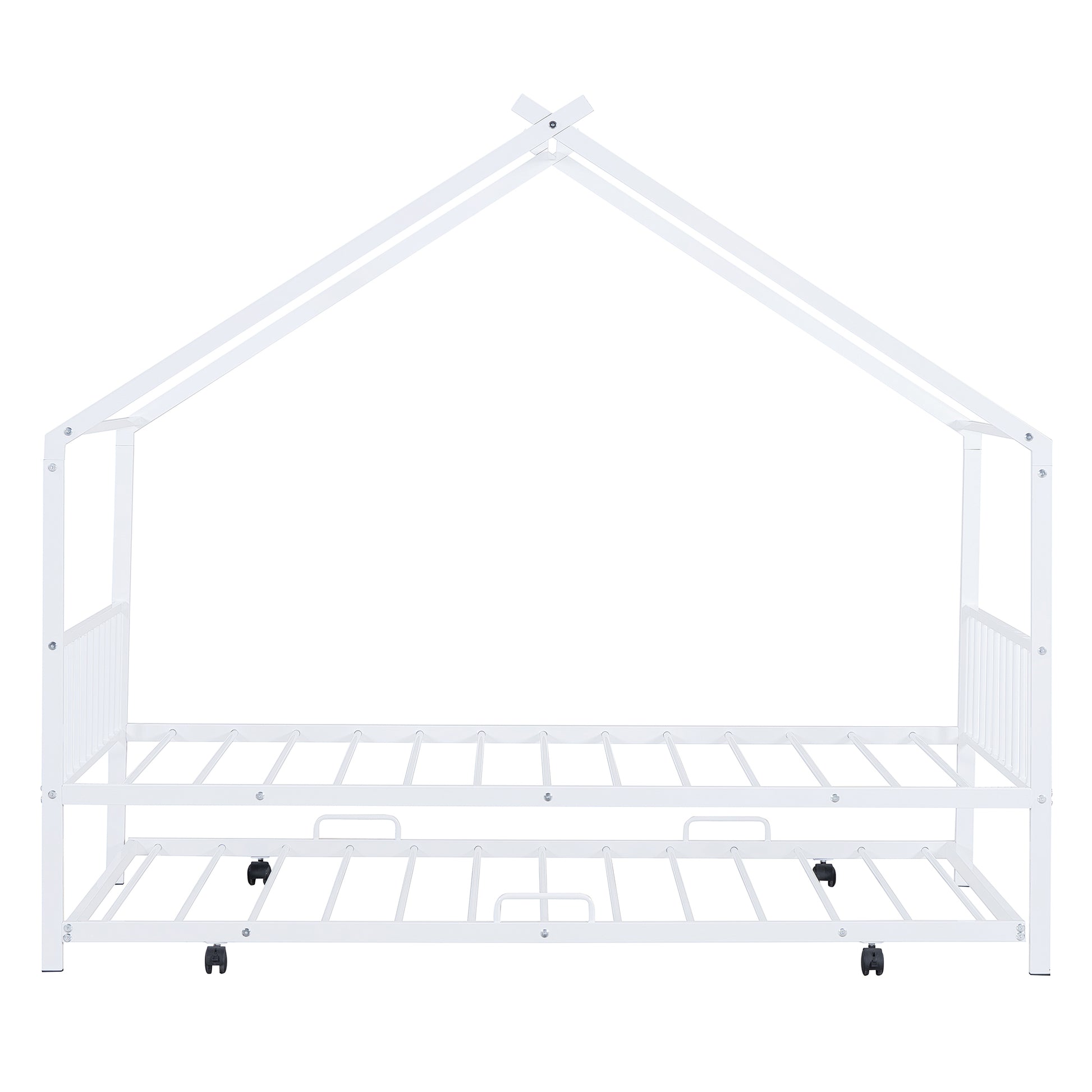 Twin Size Metal House Bed With Twin Size Trundle, White Twin White Metal