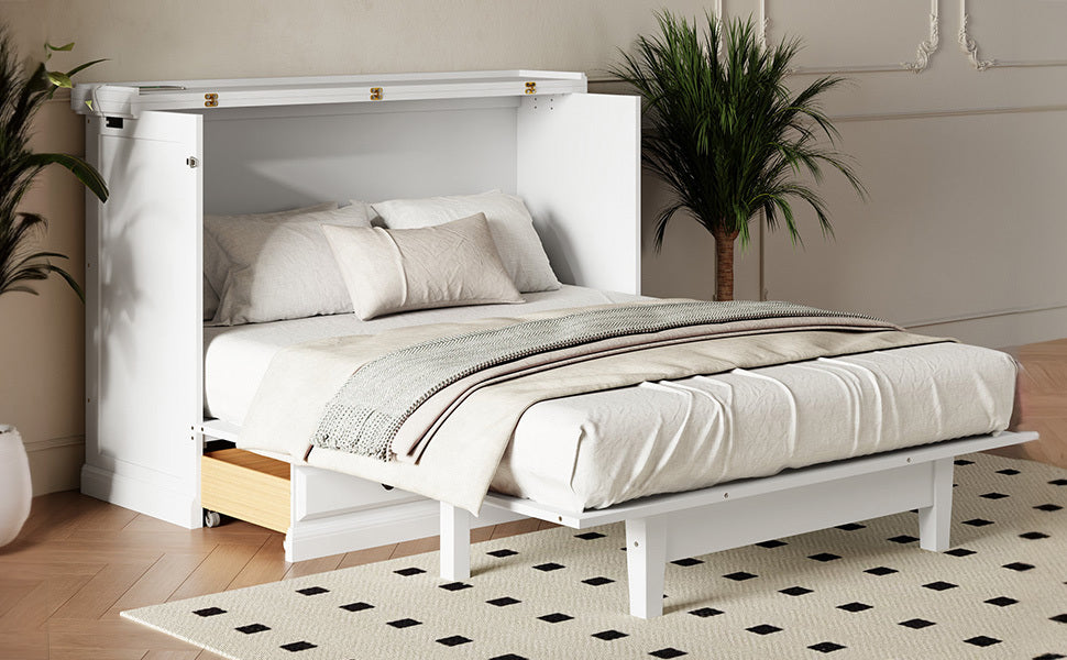 Tdewlye Queen Murphy Bed Cabinet – Gray, Solid Pine, With Charging Station & Storage Drawer