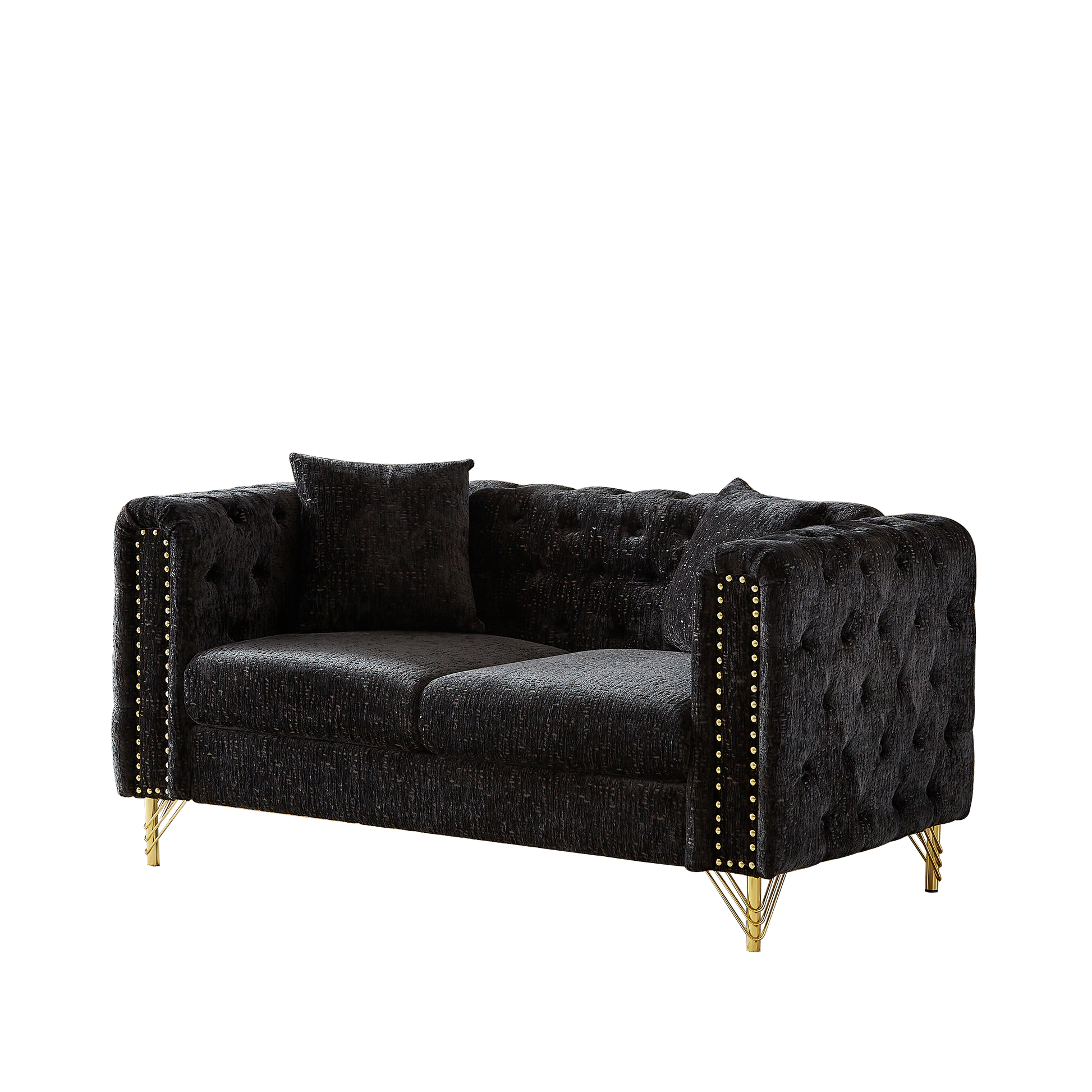 60 Inch Chenille Pull Buckle Design Sofa For Living Room,Buttons Tufted With Copper Nail Decoration Armrest, Modern Couch Upholstered Button And Metal Legs Black Foam Chenille 2 Seat