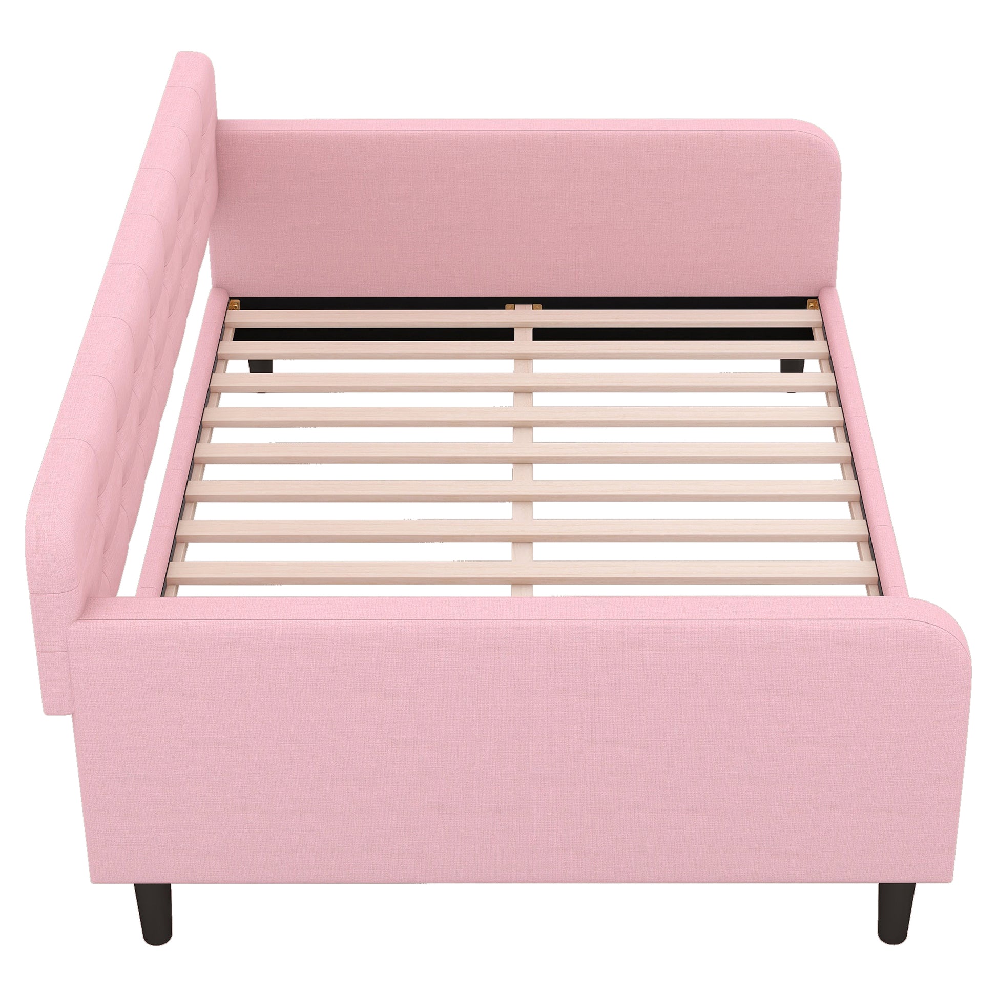 Full Size Upholstered Tufted Daybed With 4 Support Legs, Pink Box Spring Not Required Full Pink Wood Bedroom Daybeds Linen Upholstered