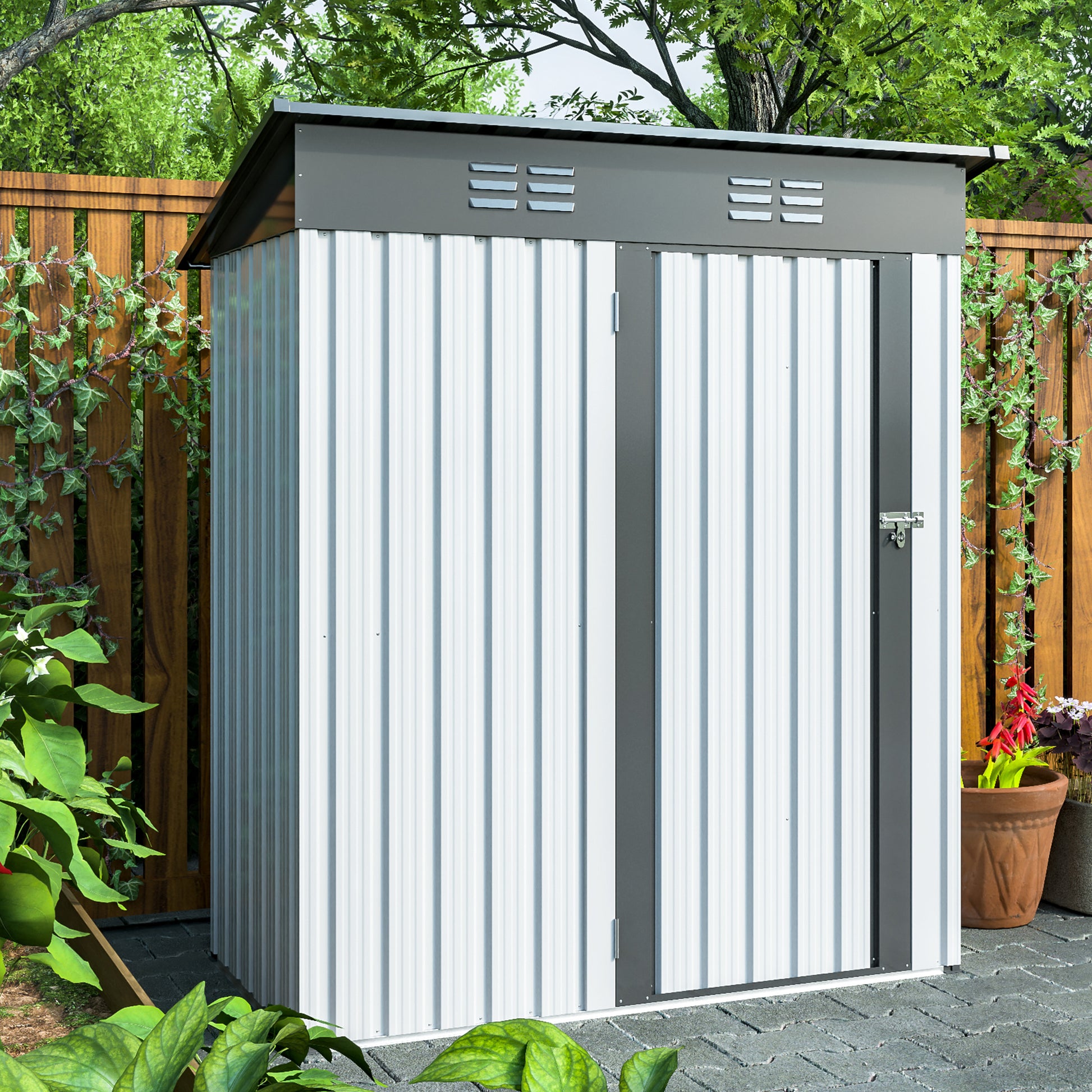 5 X 3 Ft Outdoor Storage Shed, Galvanized Metal Garden Shed With Lockable Doors, Tool Storage Shed For Patio Lawn Backyard Trash Cans White Metal