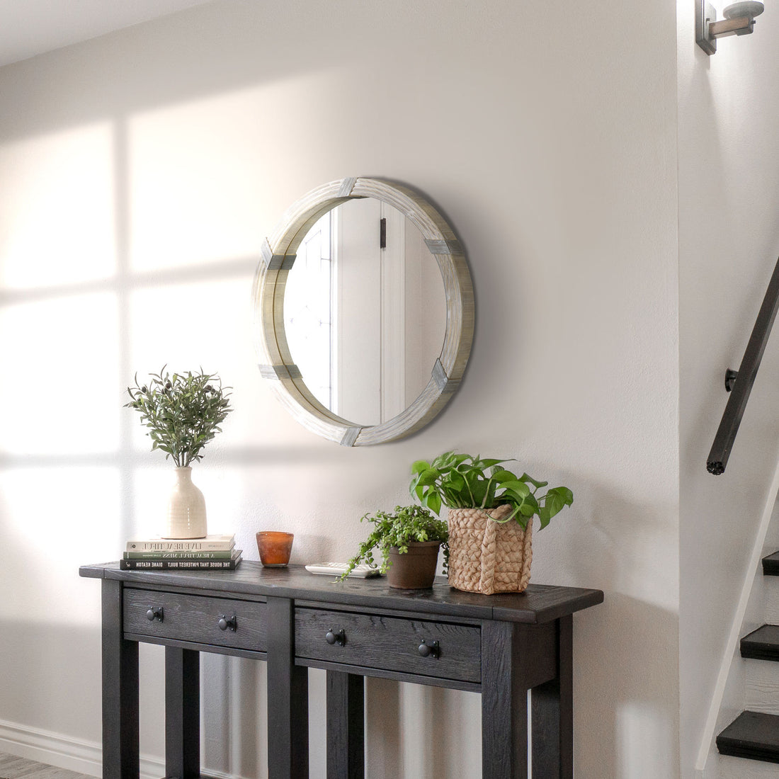 Homcom 30.75" Wood Wall Mirror, Farmhouse Decorative E Round Mirror For Wall Decor In Living Room, Bedroom, Natural Wood Color Natural Wood Mdf