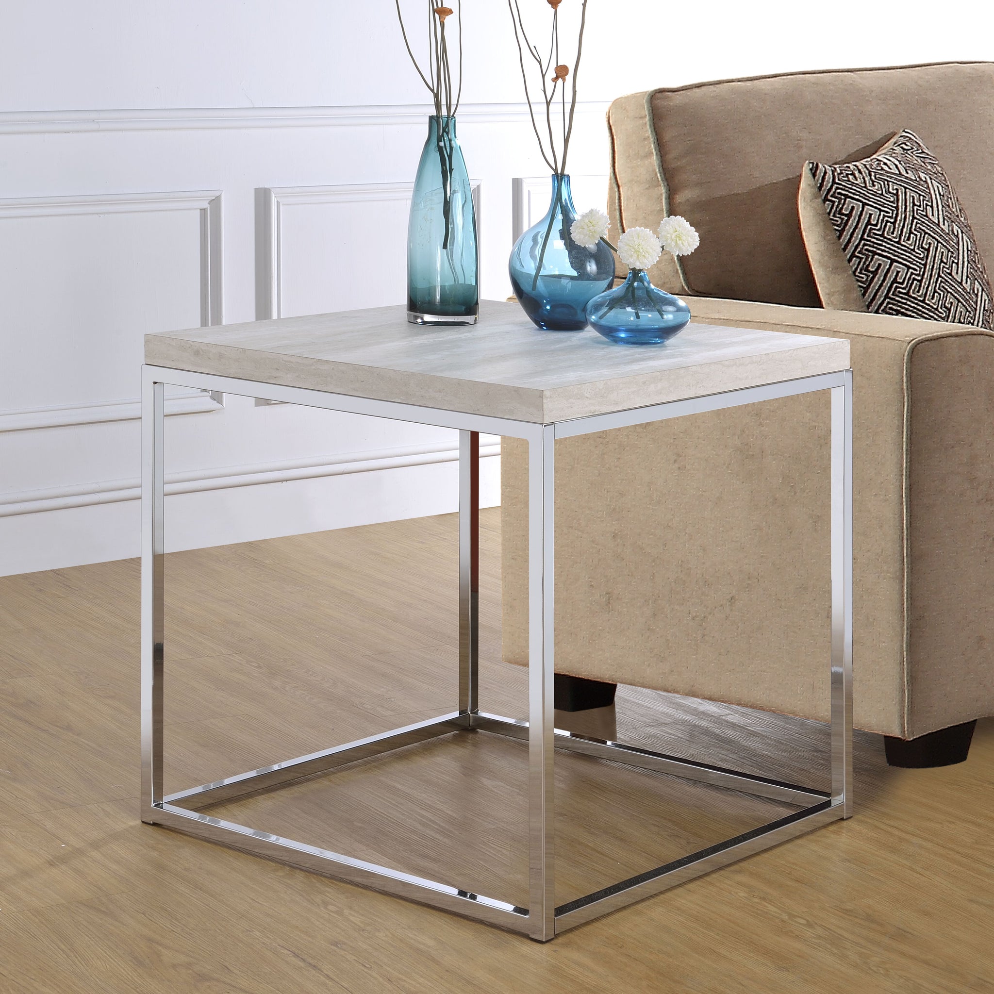 Light Oak And Chrome End Table With Open Base Chrome,Light Oak Primary Living Space Square Wood Metal Sled