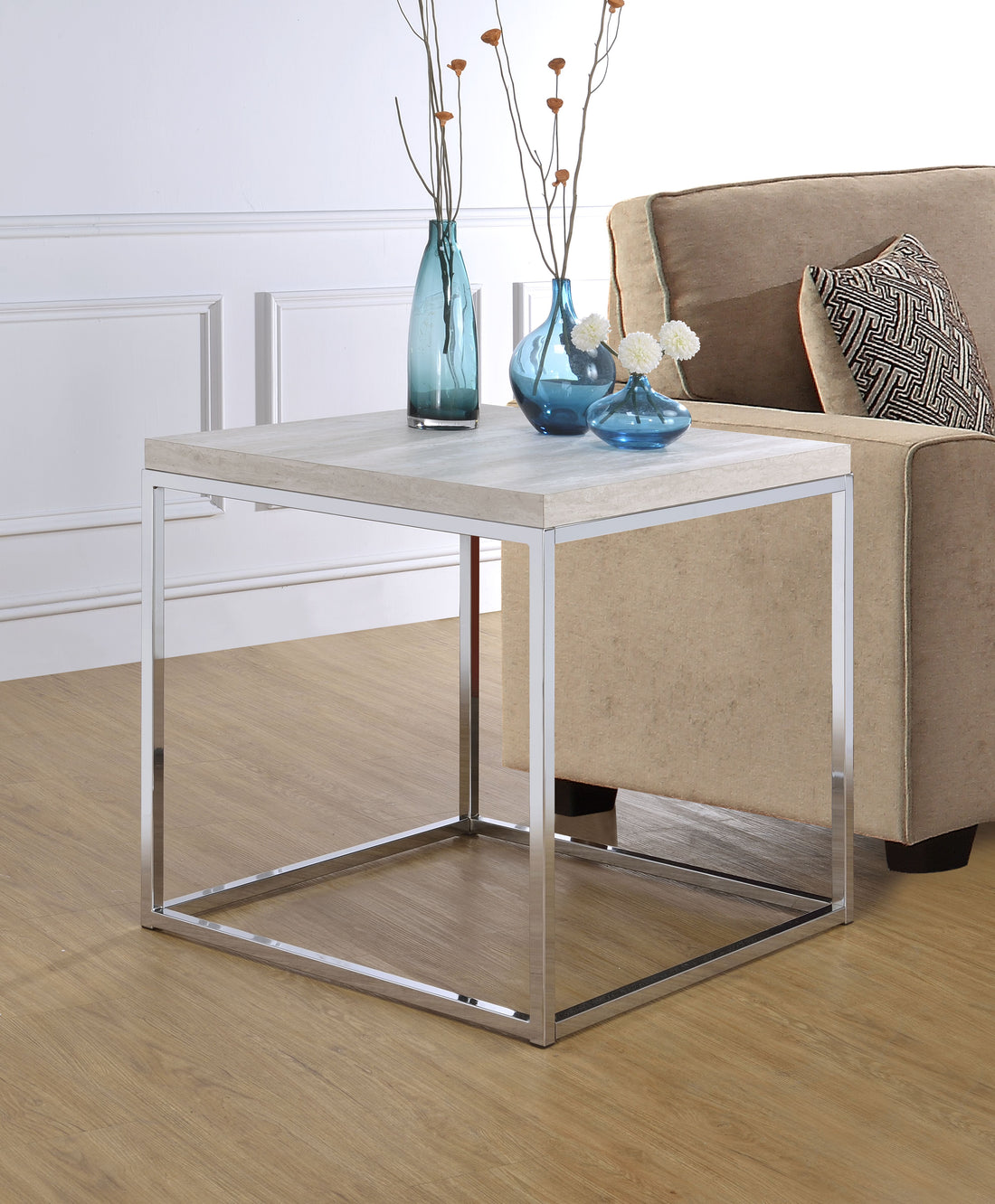 Light Oak And Chrome End Table With Open Base Chrome,Light Oak Primary Living Space Square Wood Metal Sled