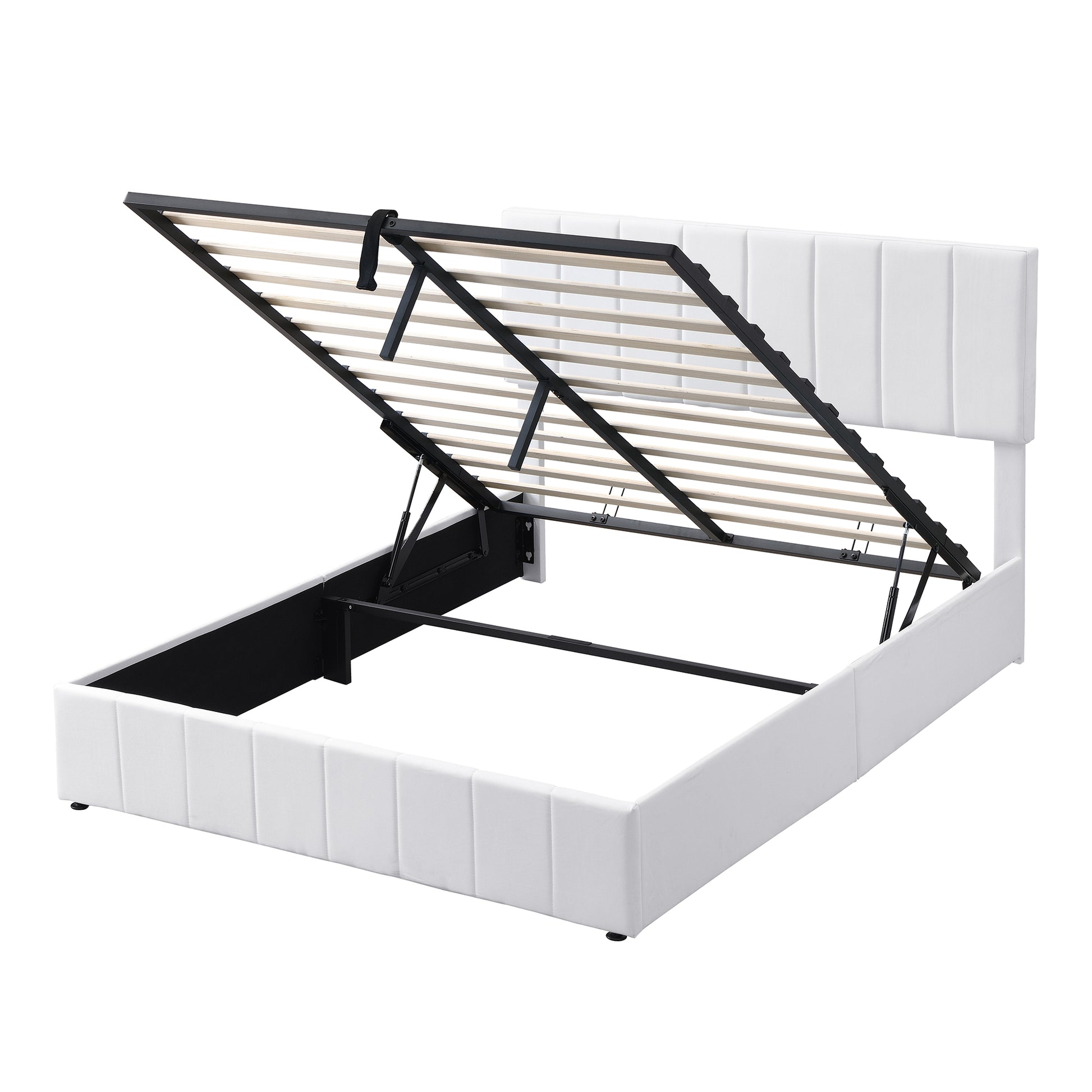 Queen Size Upholstered Platform Bed With A Hydraulic Storage System White Old Sku: Lp000211Aak White Upholstered