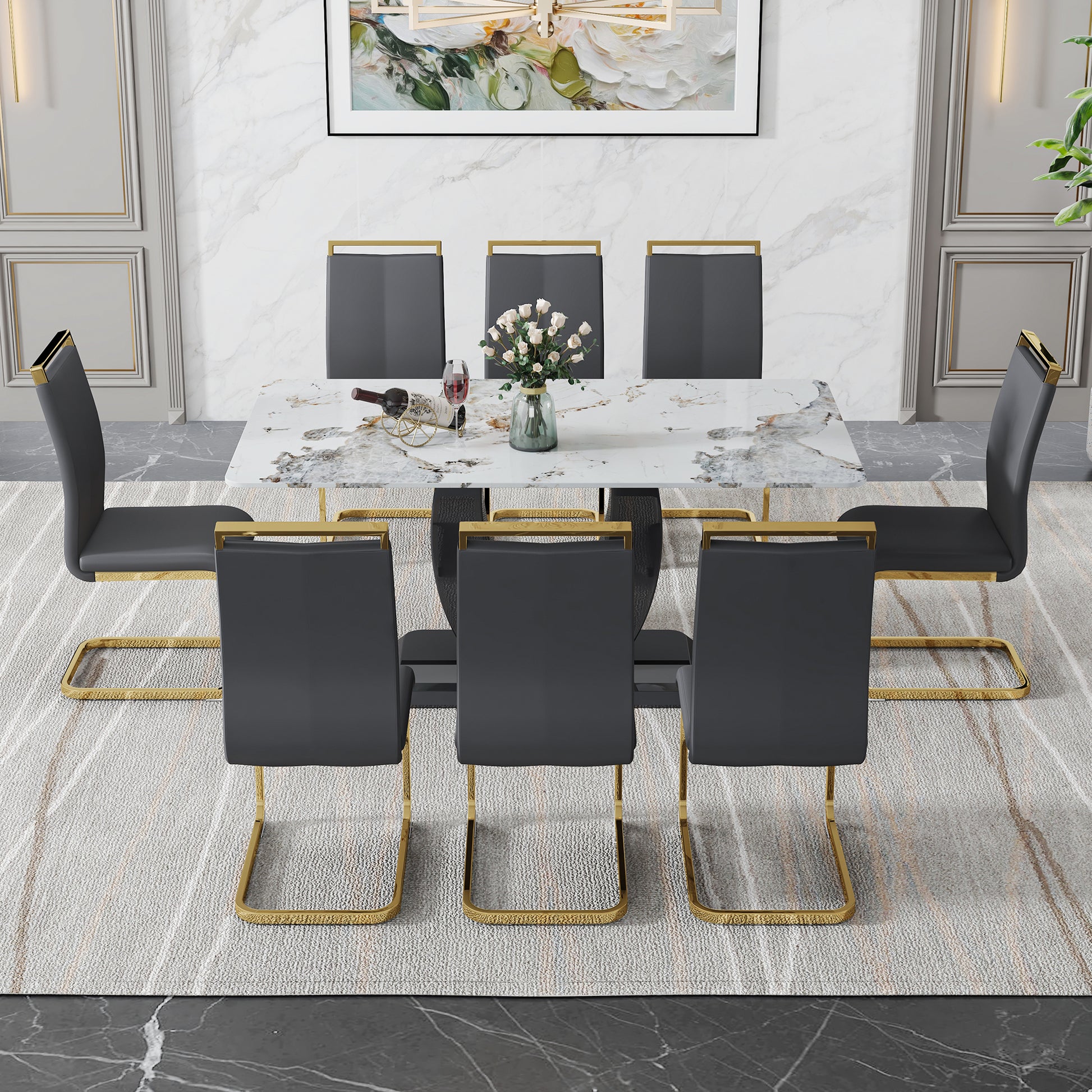 Table And Chair Set, Modern Dining Table, Patterned Table Top And Black Mdf Table Leg, Soft And Comfortable Dining Chair, Perfect For Dinner, Meetings, Home And Office Decor Black Grey Mdf Glass