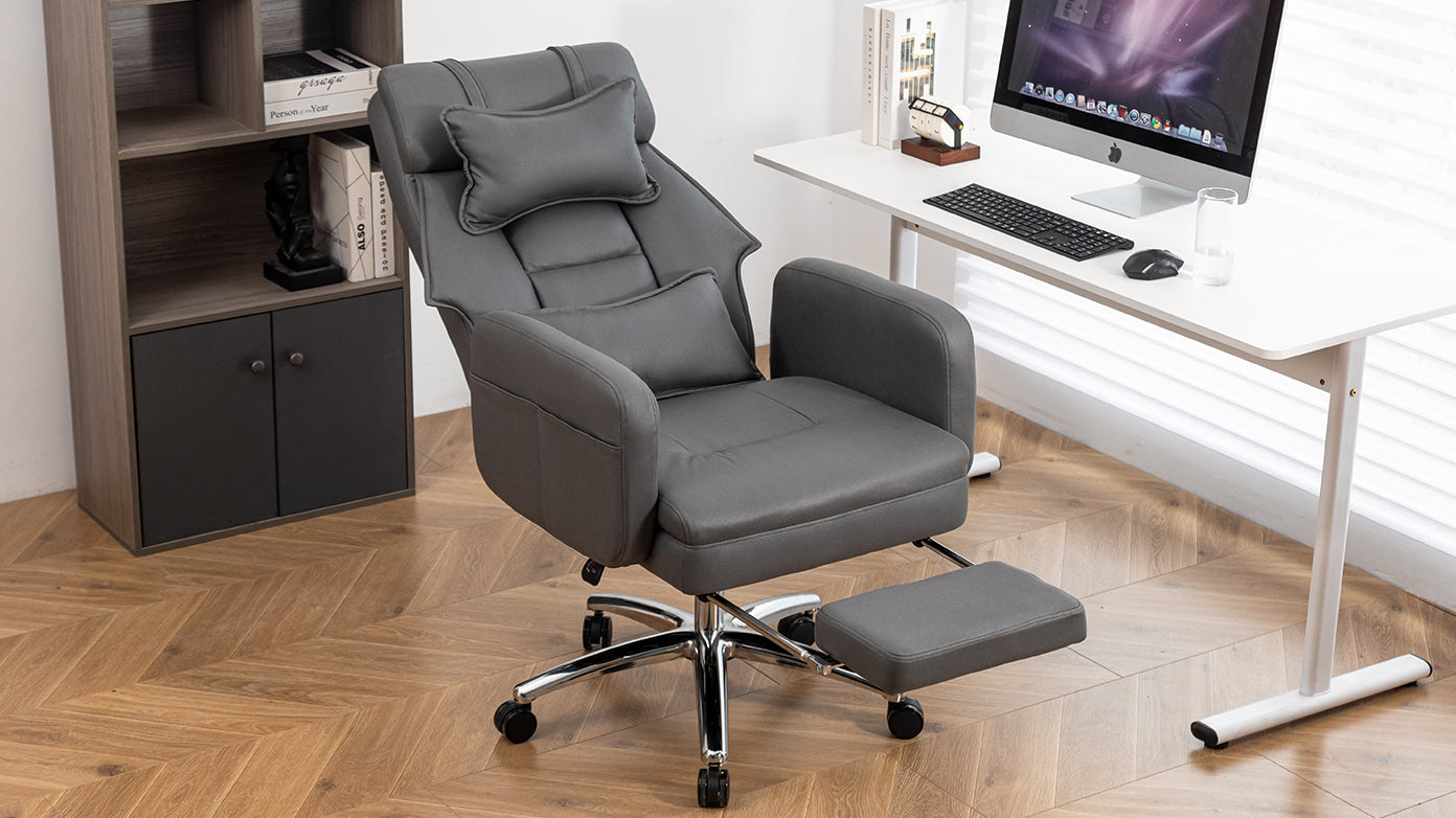 Swivel Ergonomic Office Chair, Technology Leather High Back Office Chair With Lumbar Support Headrest, Sedentary Comfortable Boss Chair, 155 Reclining Computer Chair Colortan Caster Dark Grey Office Foam American Design,American Traditional,European