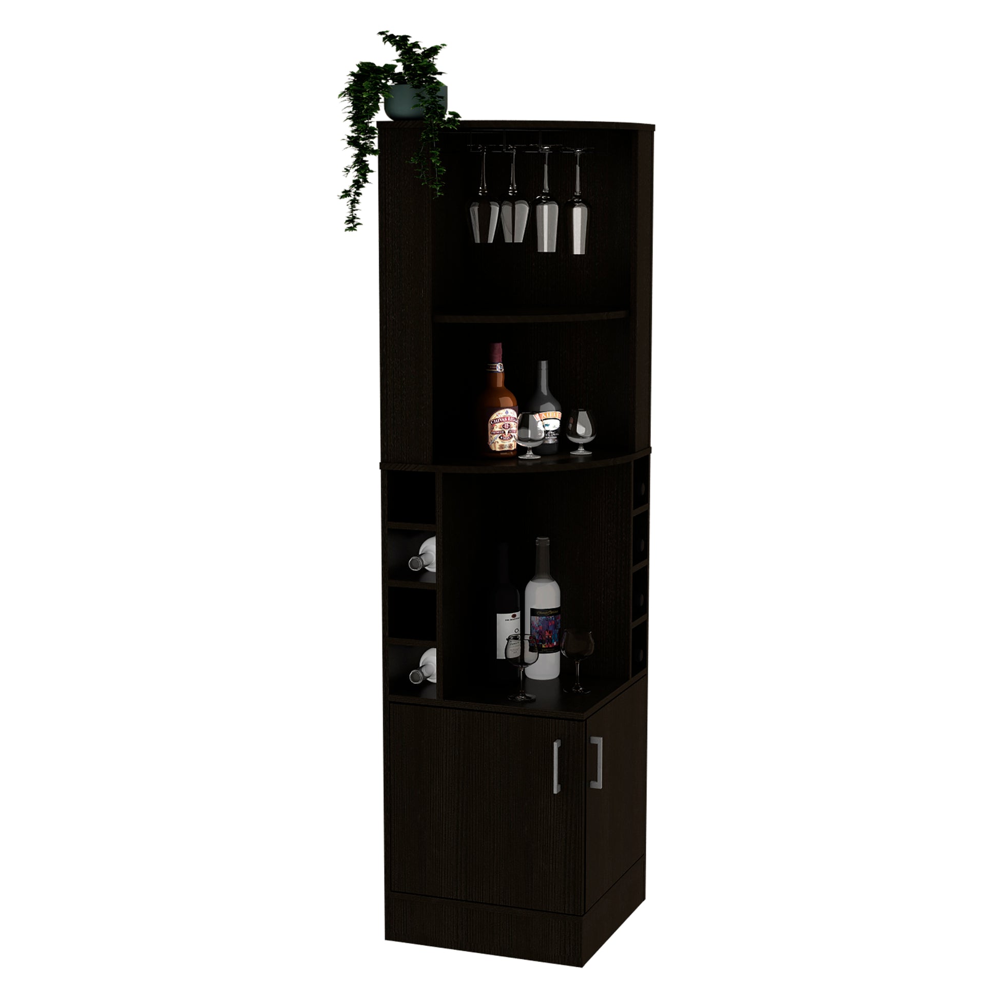 Syrah Corner Bar Cabinet, Eight Bottle Cubbies, Double Door, Two Open Shelves Black Freestanding Black Dining Room Corner Unit Modern Particle Board