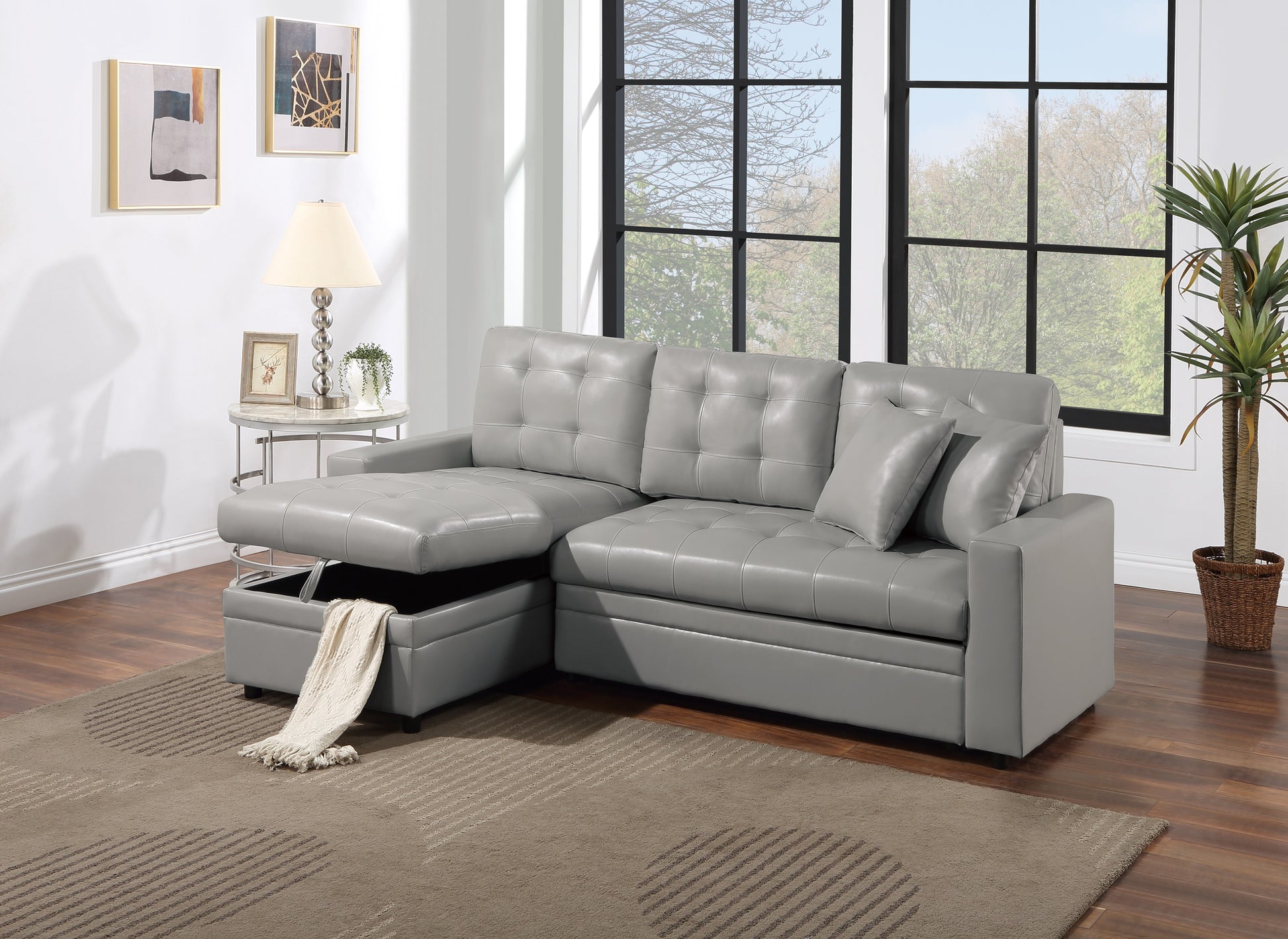 Light Gray Faux Leather Convertible Sectional Sofa Pull Out Bed Couch Storage Chaise Tufted Reversible 2Pc Sectional Living Room Light Gray Primary Living Space Tufted Back Contemporary,Modern L Shaped Square Arms Faux Leather 4 Seat